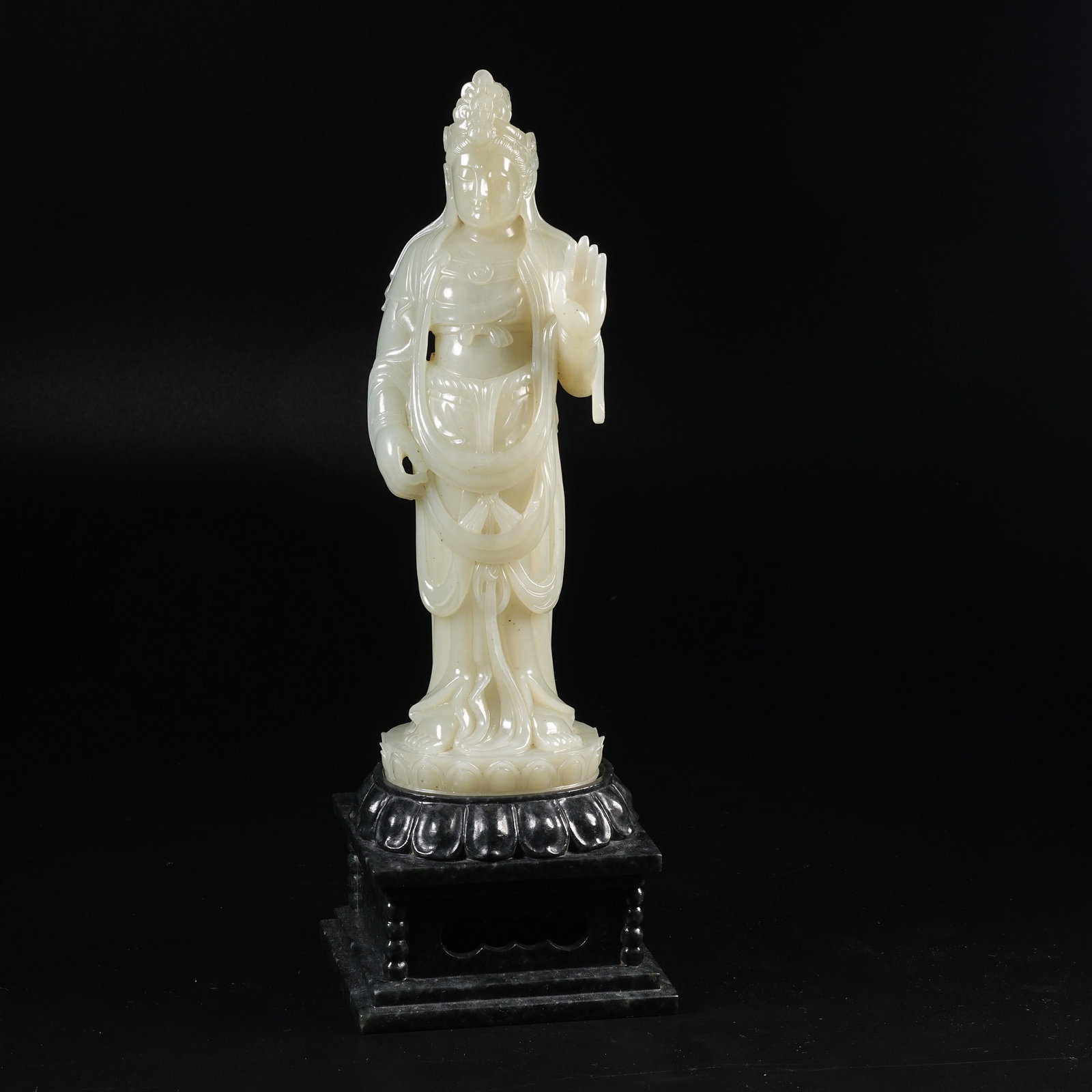 A HETIAN JADE STANDING BUDDHA FIGURE (WITH GREEN JADE BASE) (1 of 10)