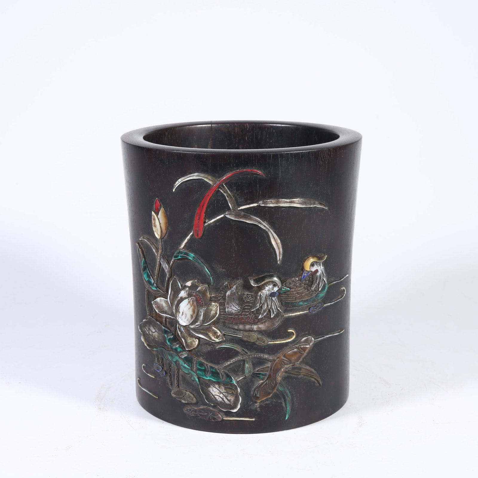 A ZITAN BRUSH POT INLAID WITH HUNDRED TREASURES AND MANDARIN DUCKS IN A LOTUS POND DESIGN (1 of 9)