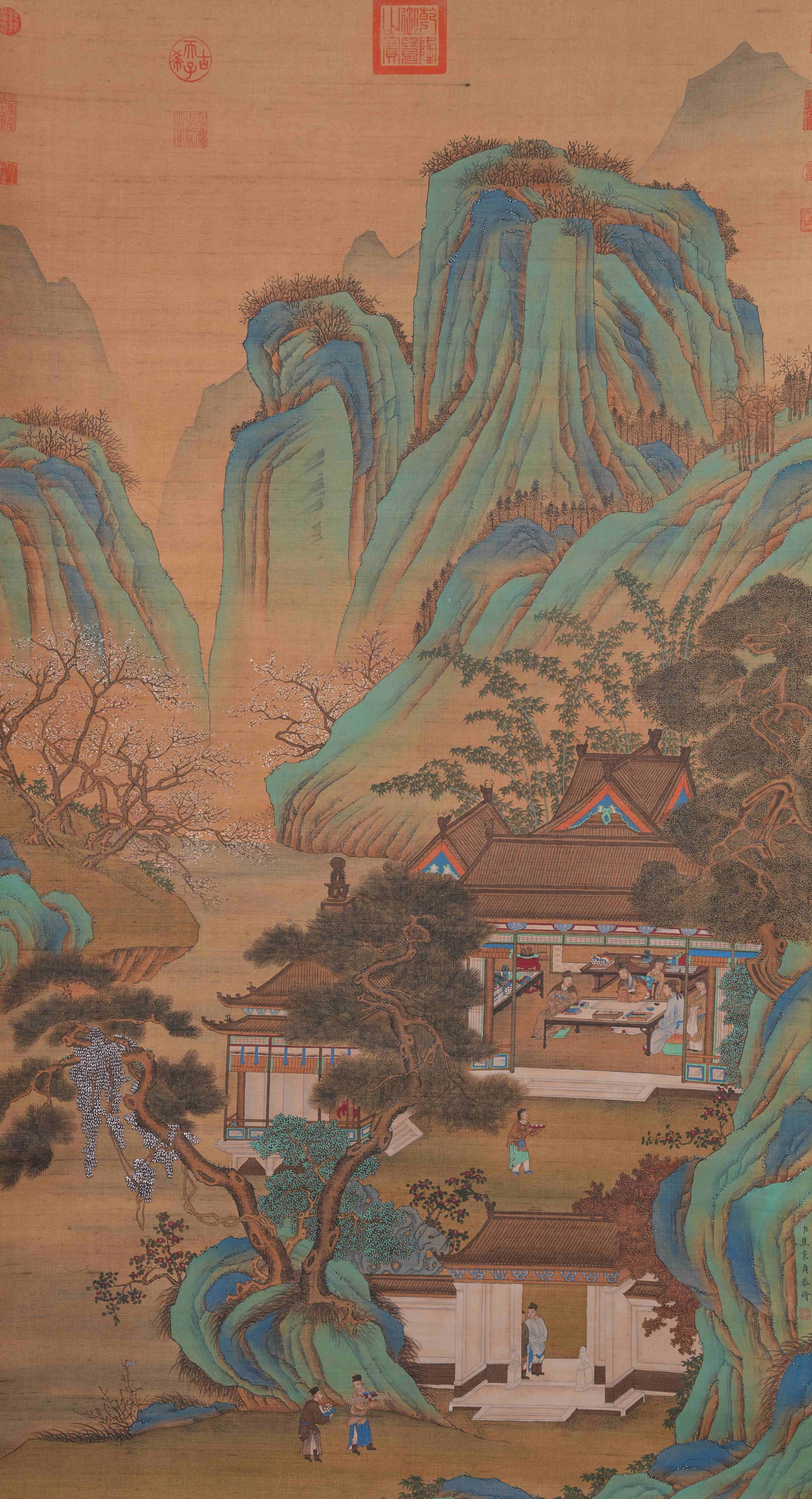 A LITERARY GATHERING PAINTING ON SILK BY JIAO BINGZHEN.焦秉貞: Literary Gathering Painting on Silk by Jiao Bingzhen.焦秉貞