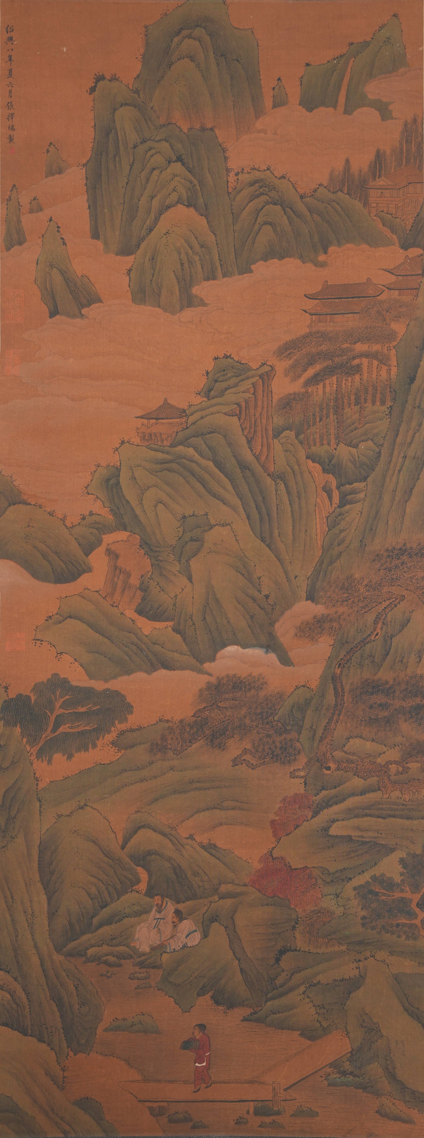 A LANDSCAPE AND FIGURE PAINTING ON SILK BY ZHANG ZEDUAN.張擇端: Landscape and Figure Painting on Silk by Zhang Zeduan.張擇端
