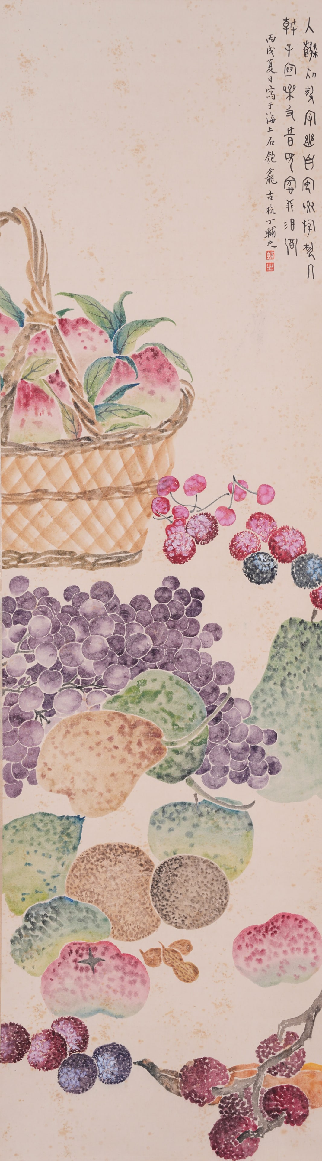 A MELON AND FRUIT PAINTING ON PAPER BY DING FUZHI.丁輔之: Melon and Fruit Painting on Paper by Ding Fuzhi.丁輔之