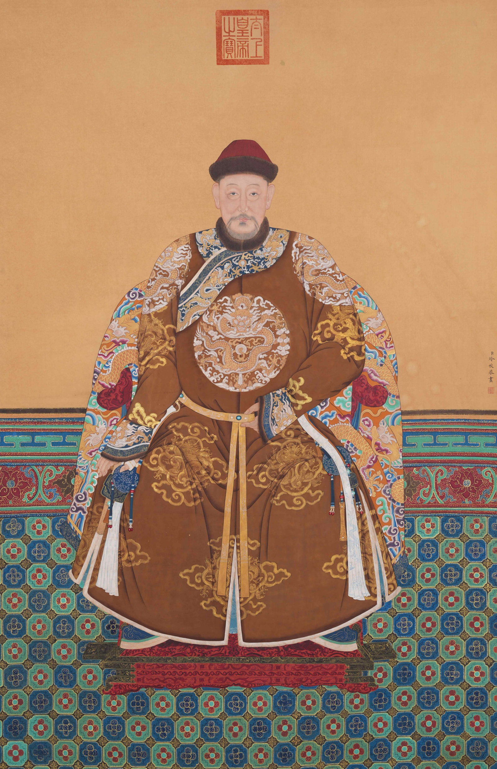 A DORGON COURT DRESS PORTRAIT PAINTING ON SILK BY LENG MEI.冷枚: Dorgon Court Dress Portrait Painting on Silk by Leng Mei.冷枚