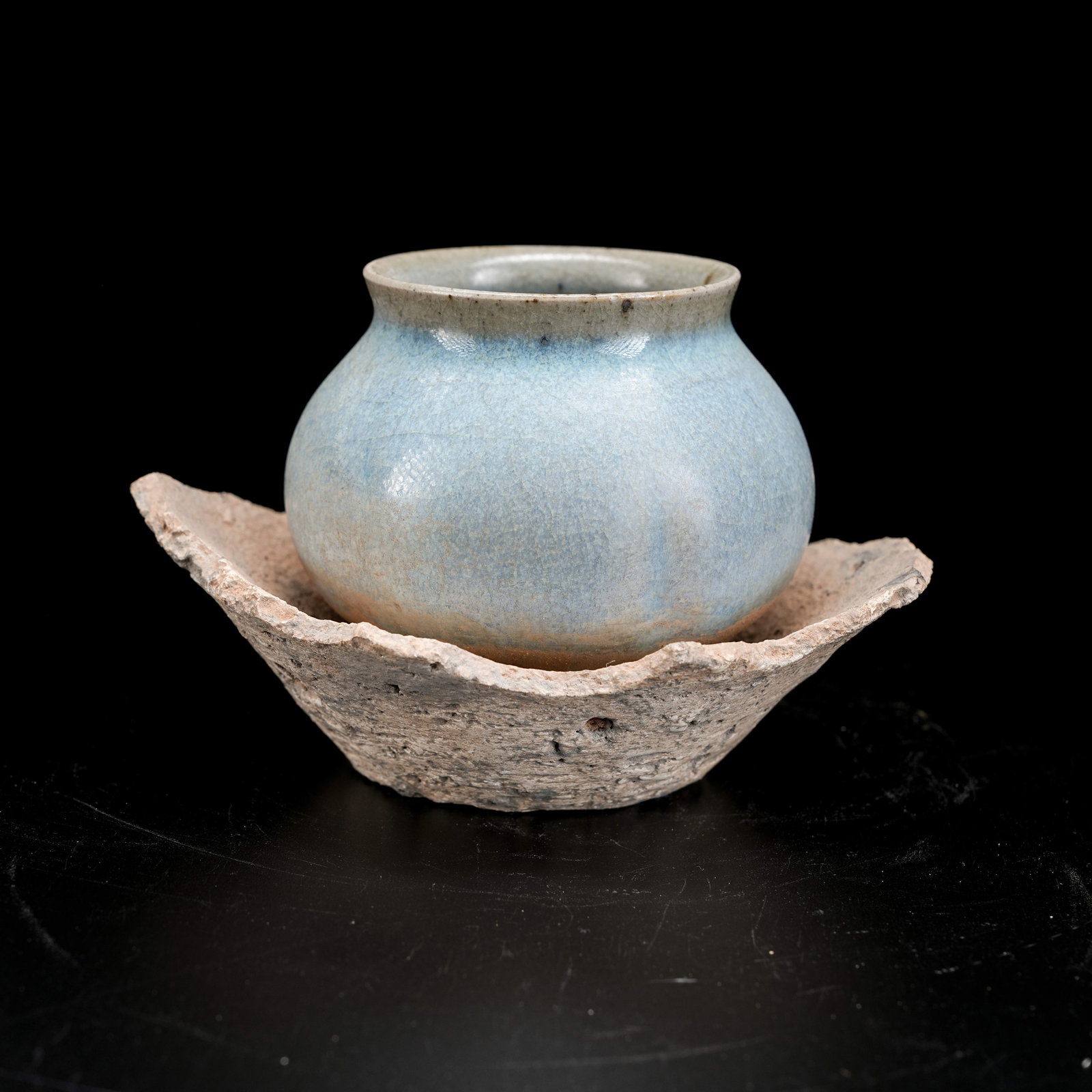 A JUN KILN SKY-BLUE GLAZED SMALL JAR (WITH FRAGMENT OF BOX AND LID) (1 of 8)