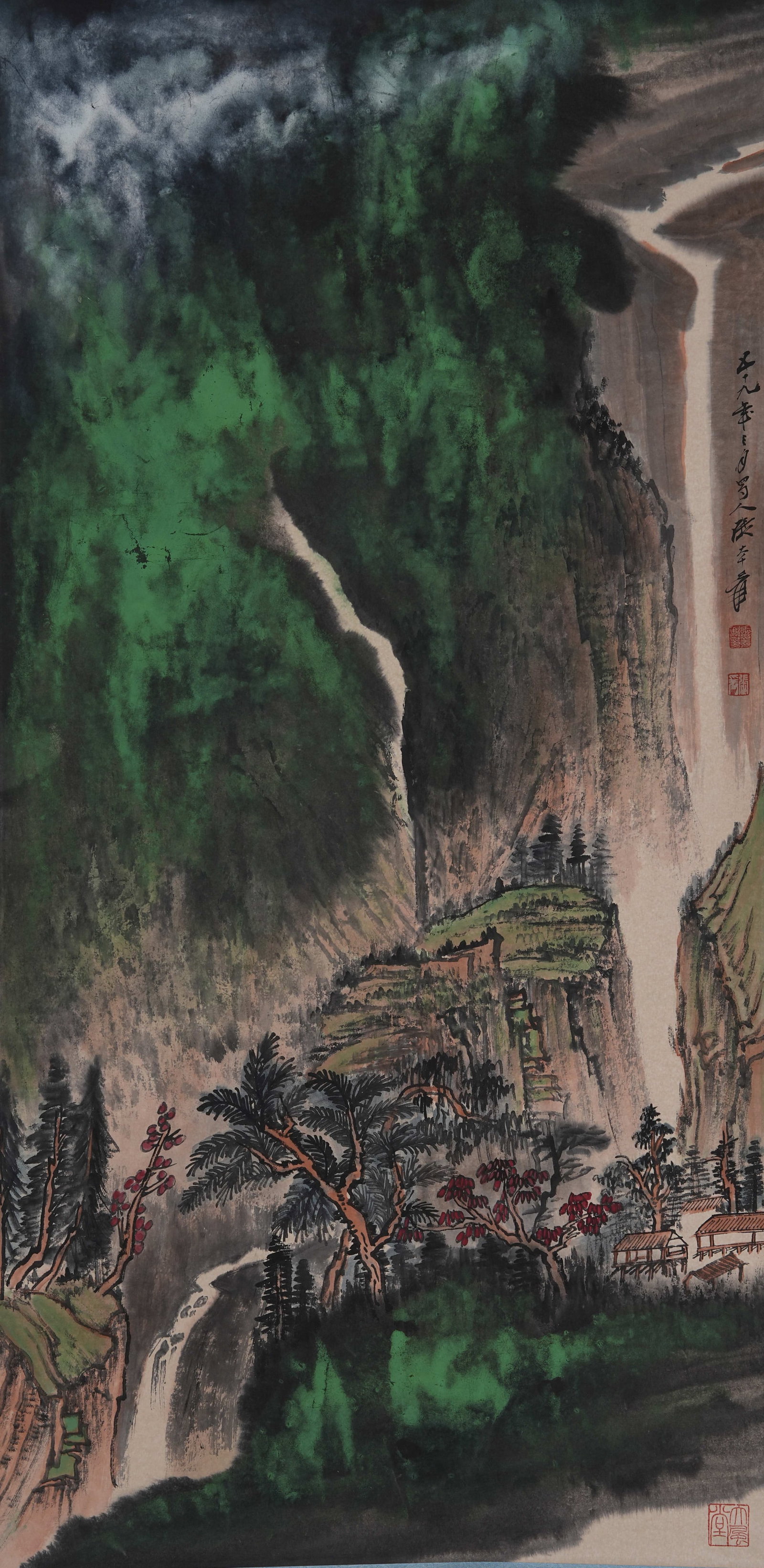 A LANDSCAPE PAINTING ON PAPER BY ZHANG DAQIAN.張大千: Landscape Painting on Paper by Zhang Daqian.張大千