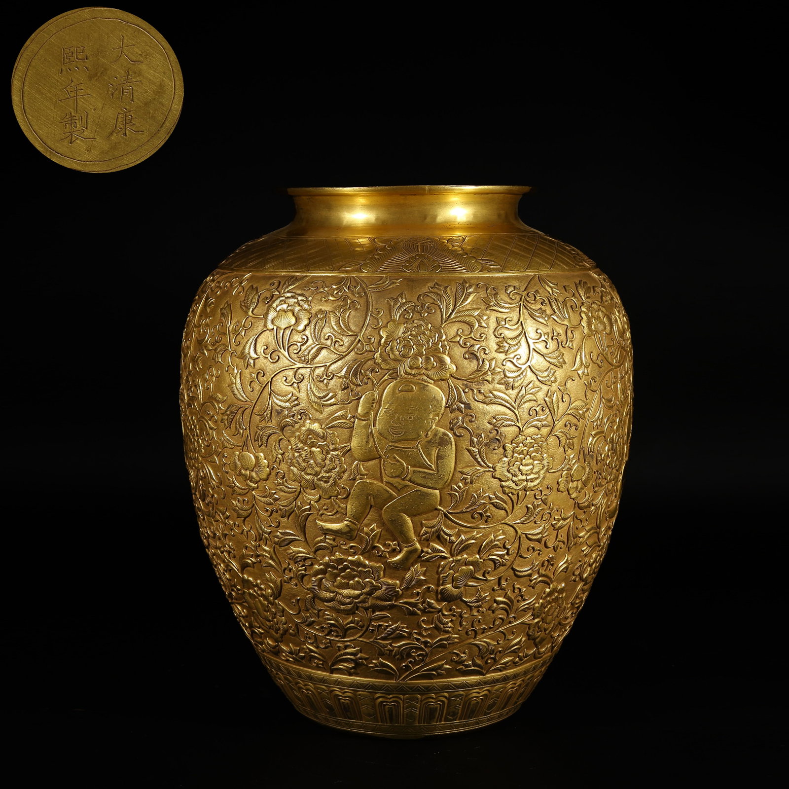 A GILT-BRONZE JAR WITH CHILD AND FLORAL MOTIFS: Gilt-Bronze Jar with Child and Floral Motifs