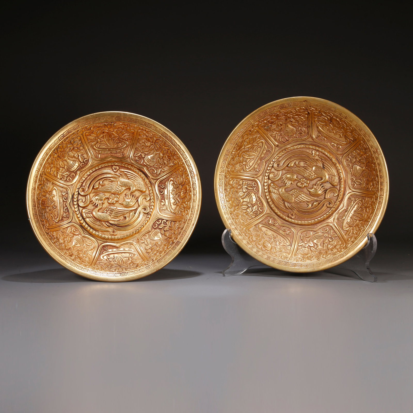 A GILT BRONZE PLATES WITH PHOENIX MOTIF (PAIR) (1 of 10)