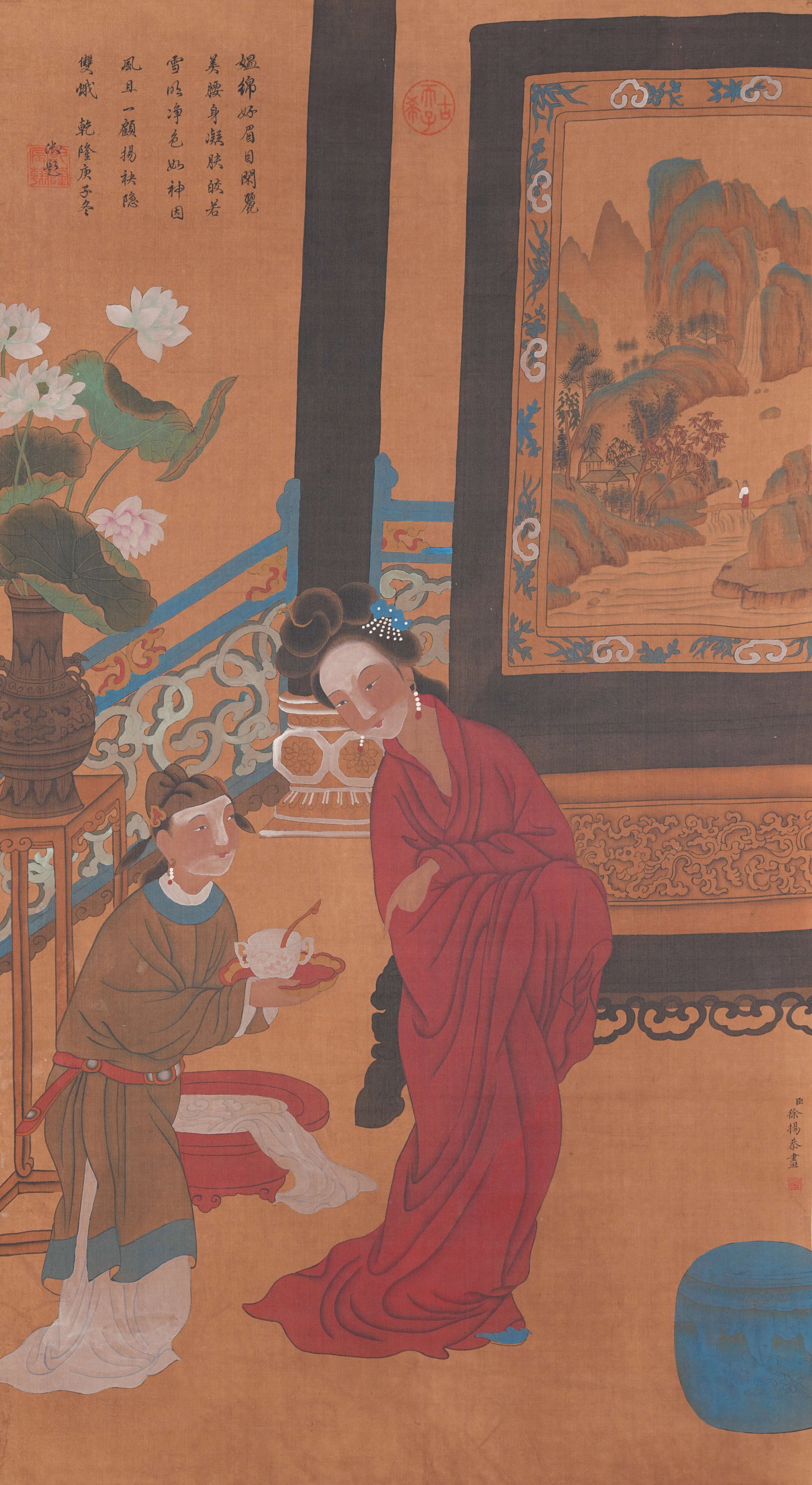 A LADY PAINTING ON SILK BY XU YANG.徐揚: Lady Painting on Silk by Xu Yang.徐揚