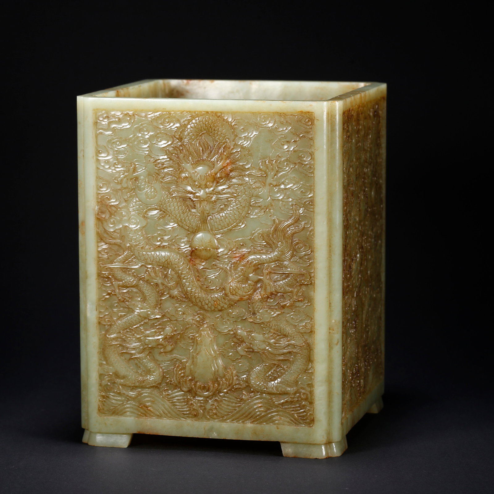 A HETIAN YELLOW JADE BRUSH HOLDER WITH DRAGON MOTIF (1 of 10)