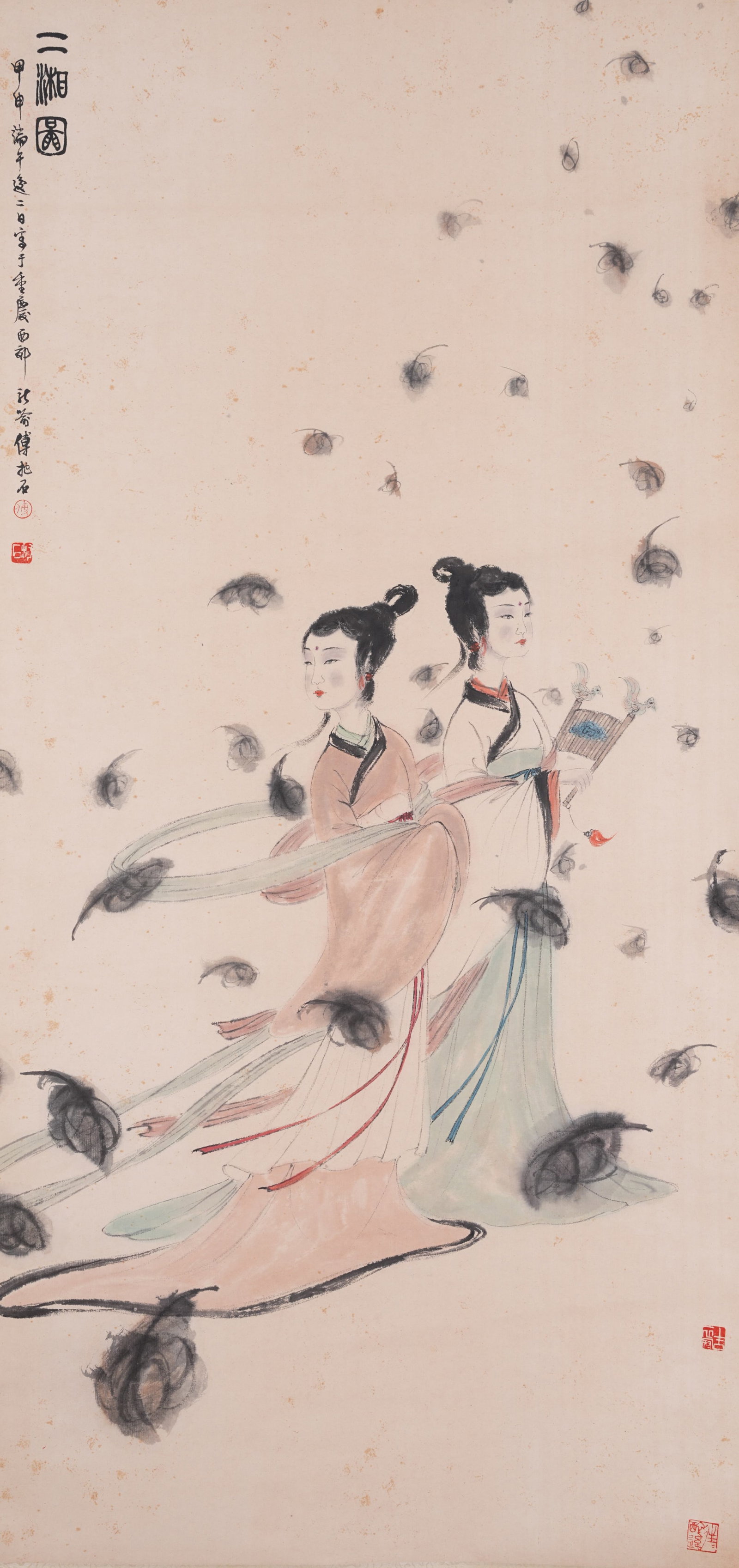 A TWO XIANG GODDESSES PAINTING ON PAPER BY FU BAOSHI.傅抱石: Two Xiang Goddesses Painting on Paper by Fu Baoshi.傅抱石