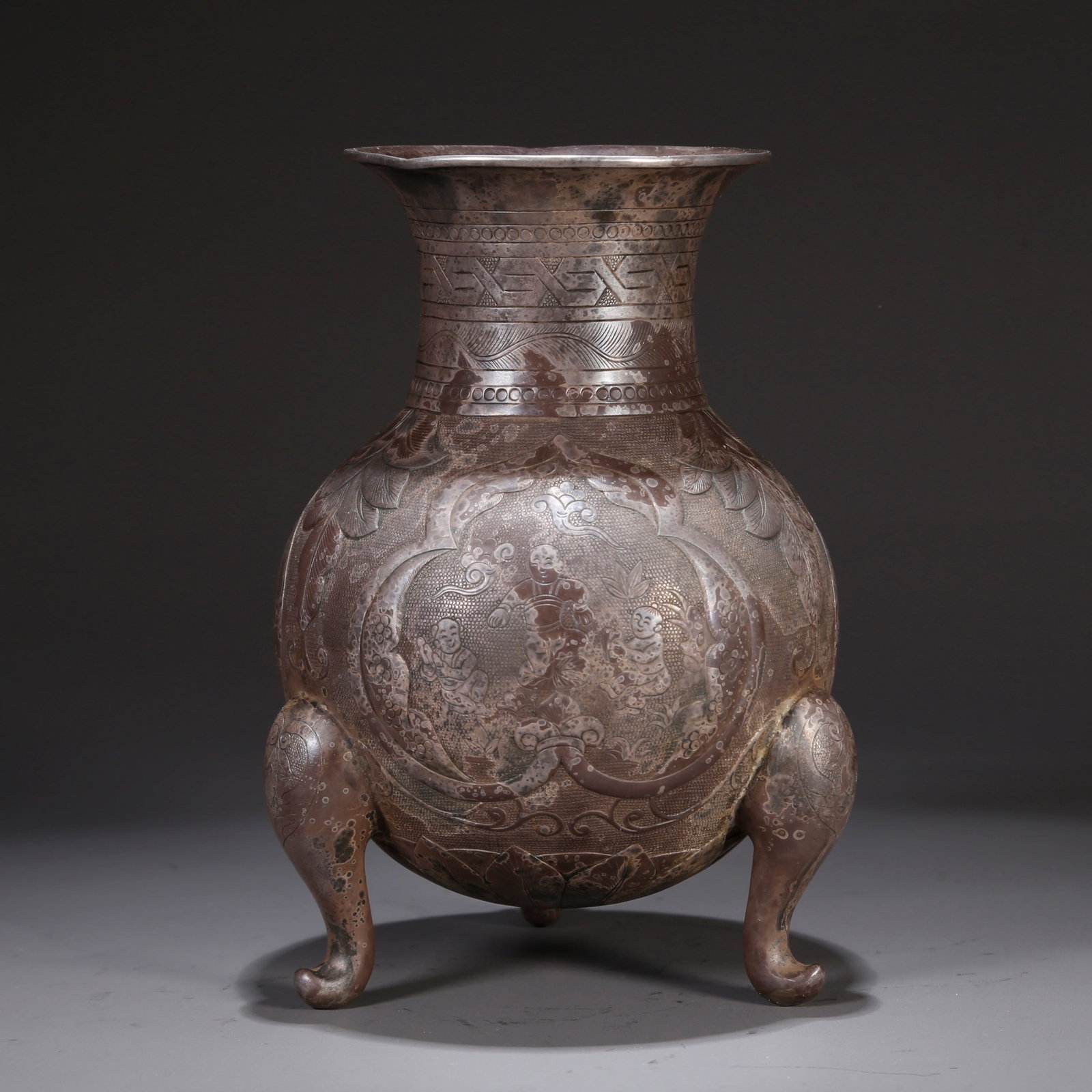 A SILVER TRIPOD CENSER WITH NARRATIVE DESIGN: Silver tripod censer with narrative design