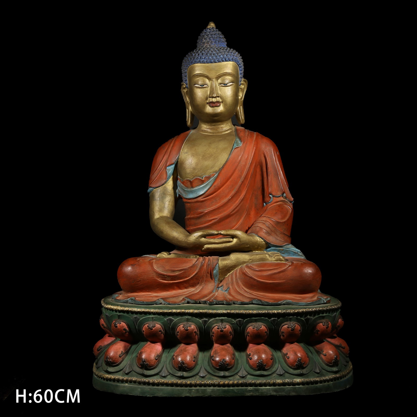 A PAINTED-BRONZE STATUE OF SHAKYAMUNI BUDDHA: Painted-Bronze Statue of Shakyamuni Buddha