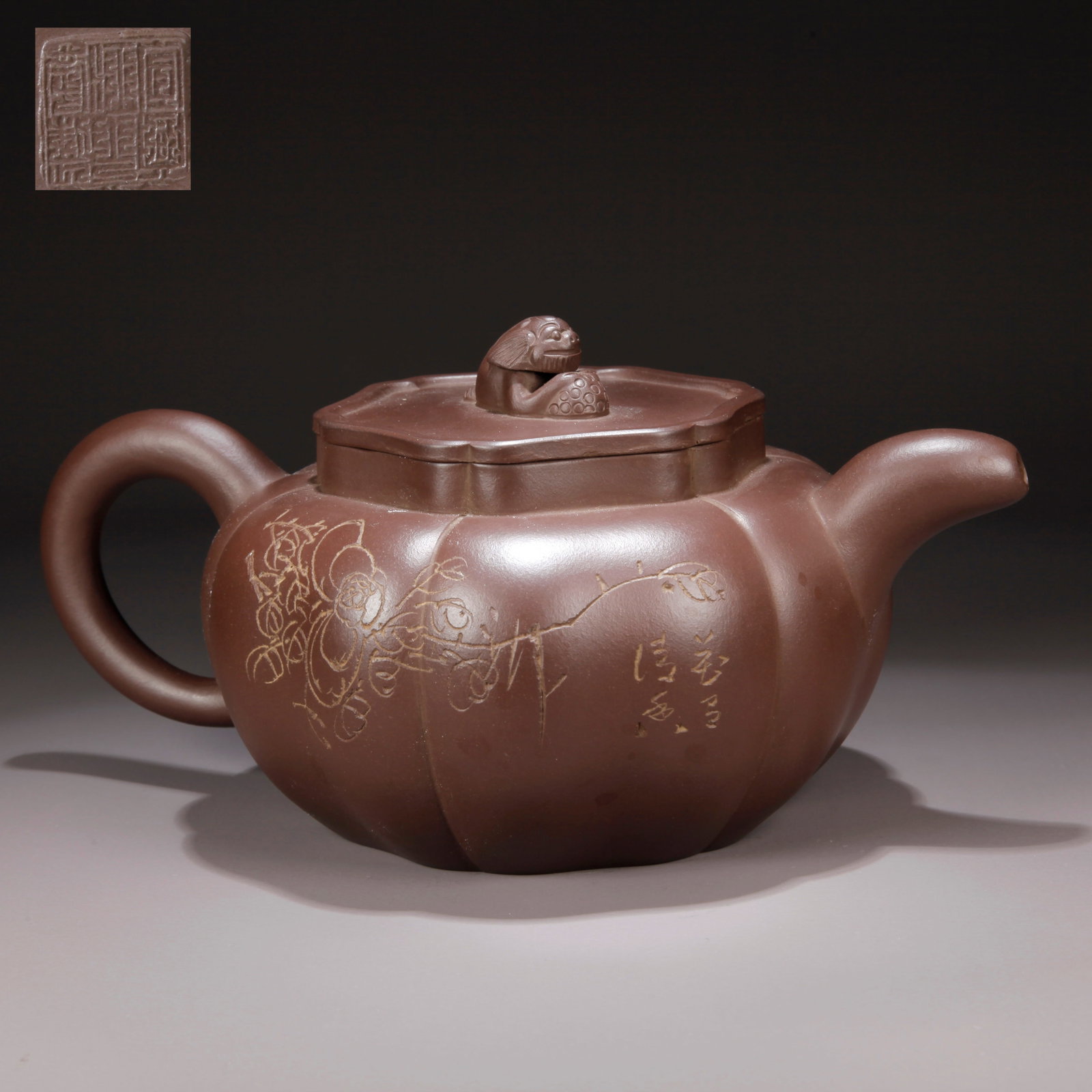 A ZISHA CLAY CARVED POETRY AND CALLIGRAPHY EWER (1 of 9)