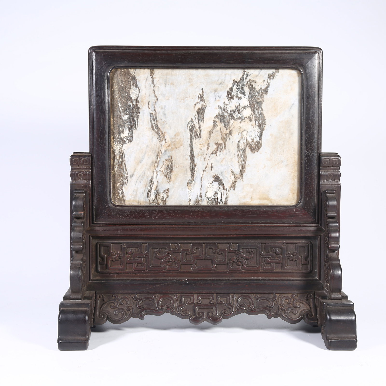 A ZITAN TABLE SCREEN INLAID WITH CLOUD-PATTERNED STONE (1 of 8)