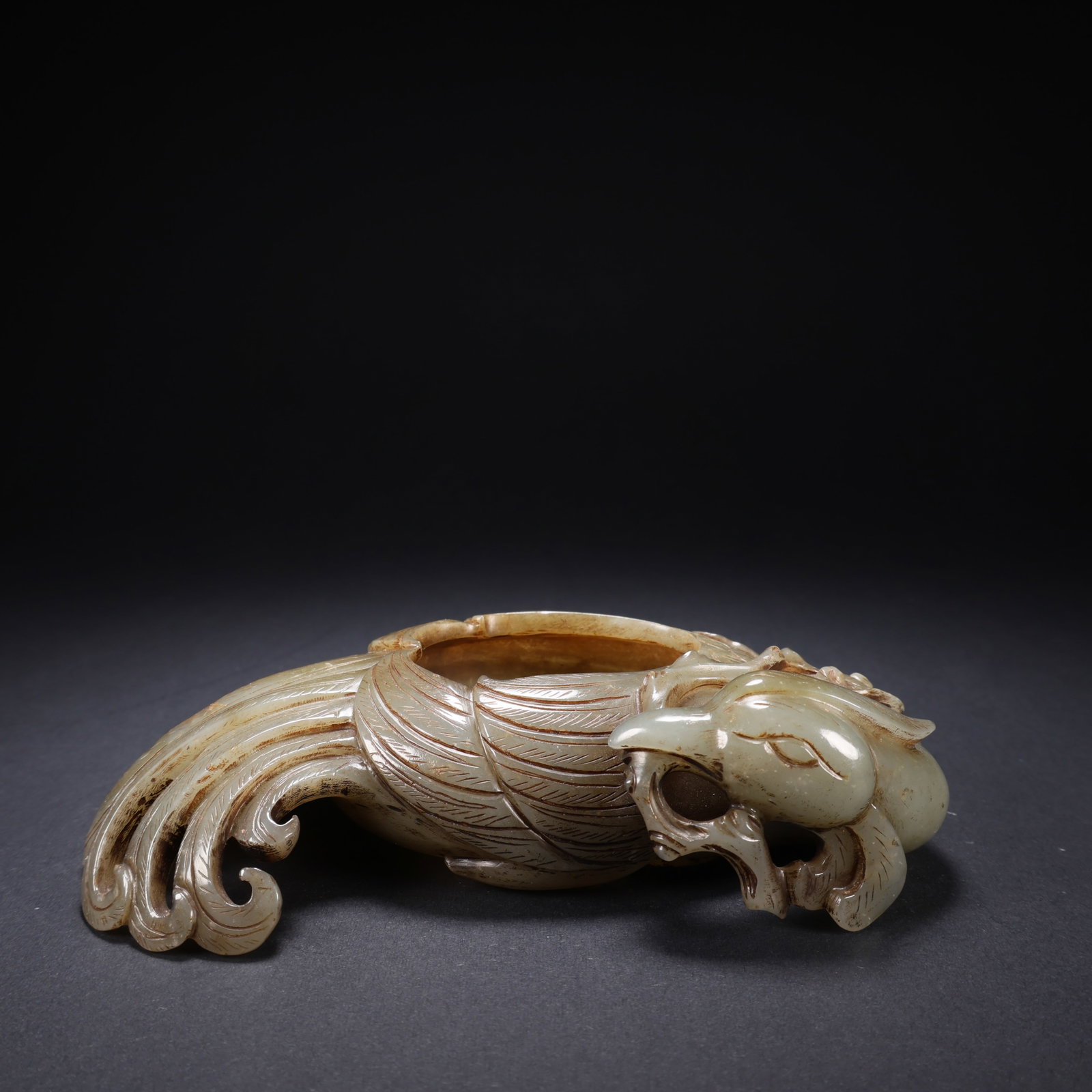A HETIAN JADE GREEN PHOENIX HOLDING BRANCH BRUSH WASHER (1 of 9)