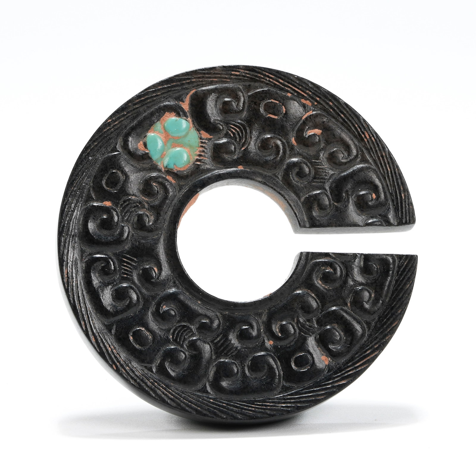 A ARCHAIC JADE BI DISC WITH CLOUD PATTERN INLAID WITH TURQUOISE (1 of 10)