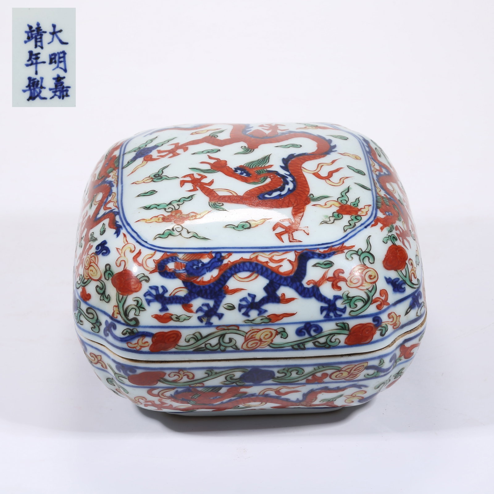 A POLYCHROME SQUARE BOX WITH DRAGON AND FLOWER MOTIFS (1 of 9)
