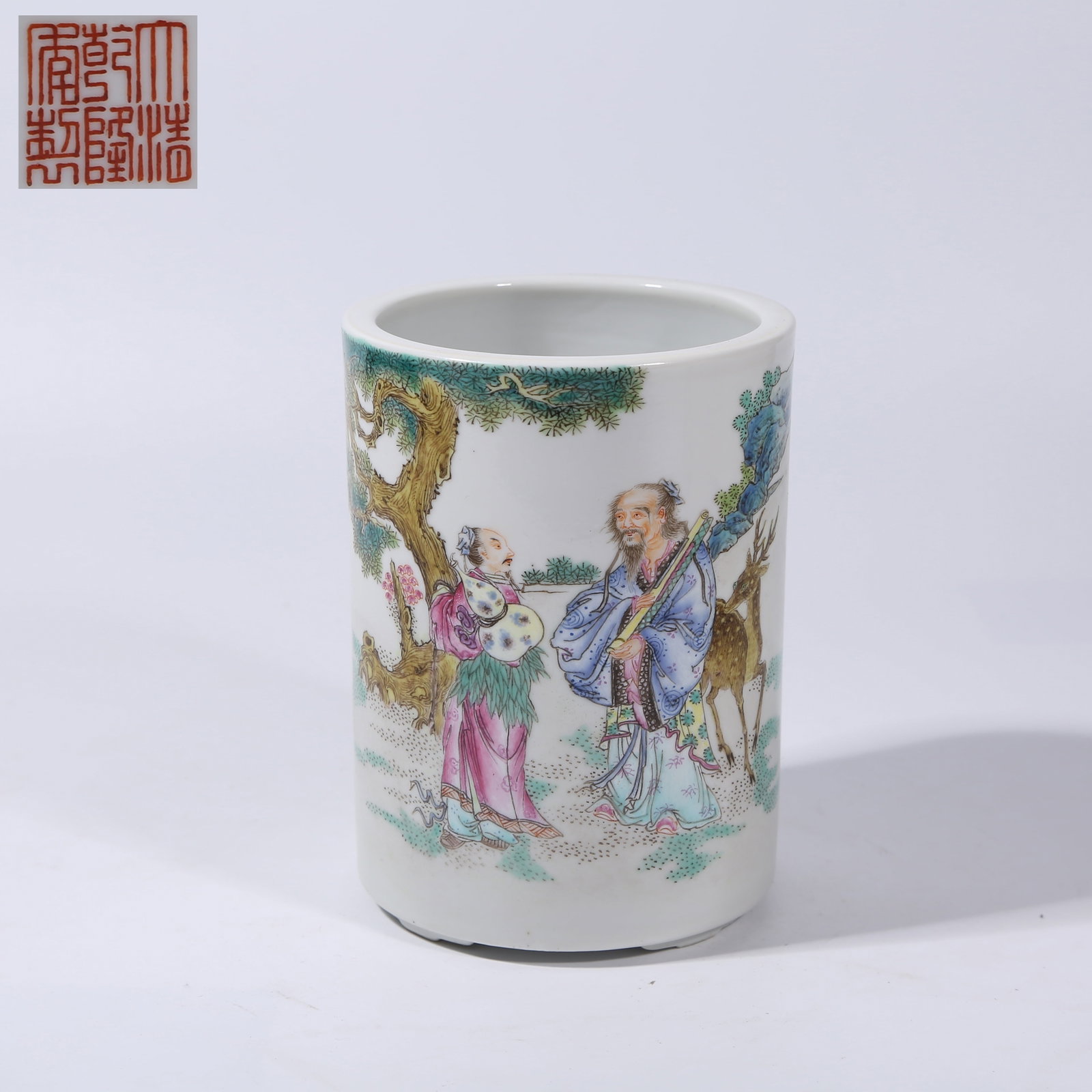 A FAMILLE ROSE "HIGH OFFICIAL" FIGURE BRUSH POT (1 of 9)
