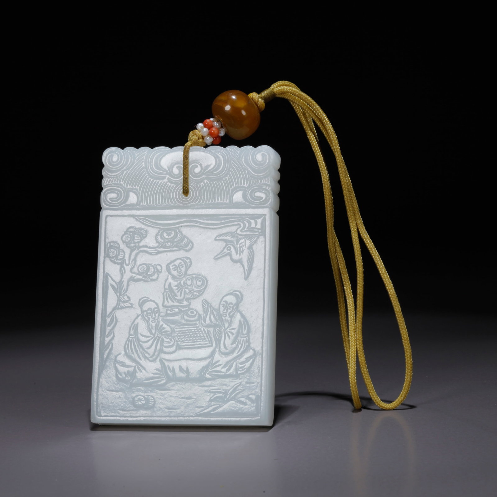 A HETIAN JADE PLAQUE WITH STORY SCENES: Hetian Jade Plaque with Story Scenes