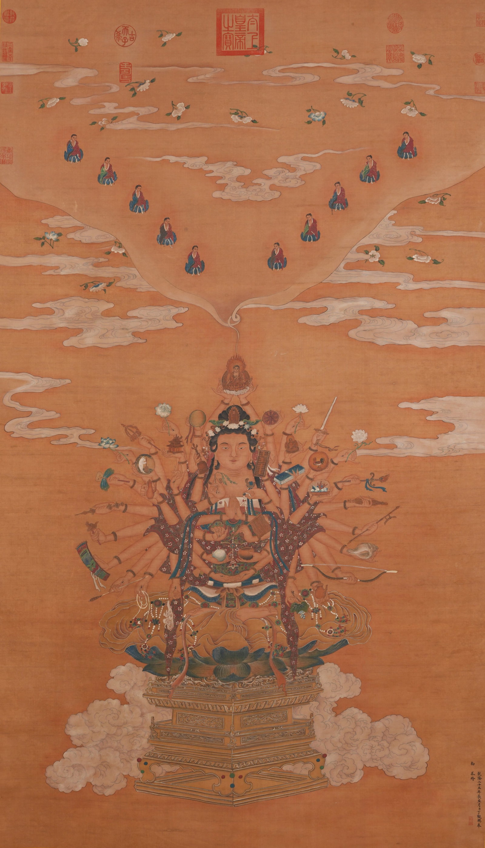 A PRECIOUS APPEARANCE GUANYIN PAINTING ON SILK BY DING GUANPENG.丁觀鵬: Precious Appearance Guanyin Painting on Silk by Ding Guanpeng.丁觀鵬