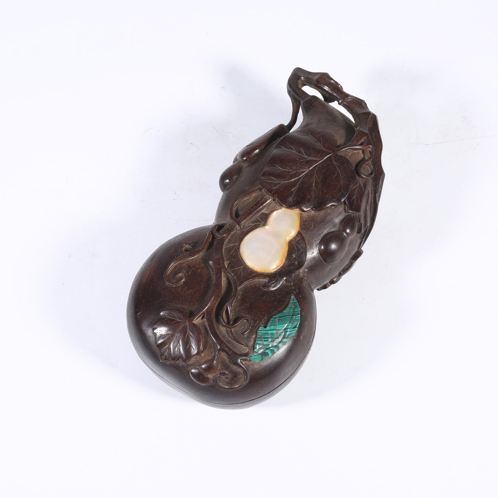 A ZITAN GOURD-SHAPED LIDDED BOX INLAID WITH HUNDRED TREASURES: Zitan Gourd-shaped Lidded Box Inlaid with Hundred Treasures