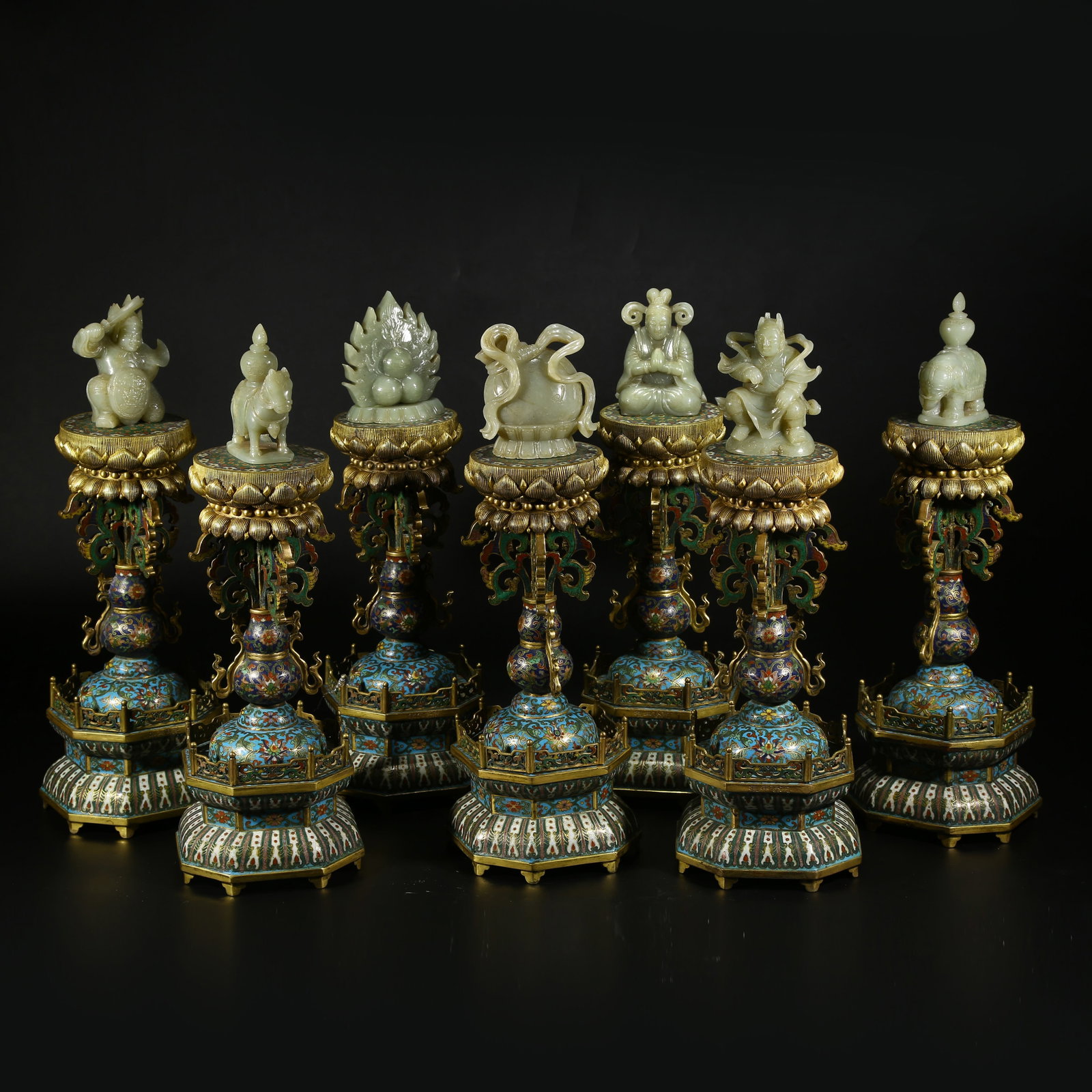 A SET OF SEVEN-STAR TREASURE OBJECTS INLAID WITH HETIAN JADE IN CLOISONN? ENAMEL ON A BRONZE BODY (1 of 13)