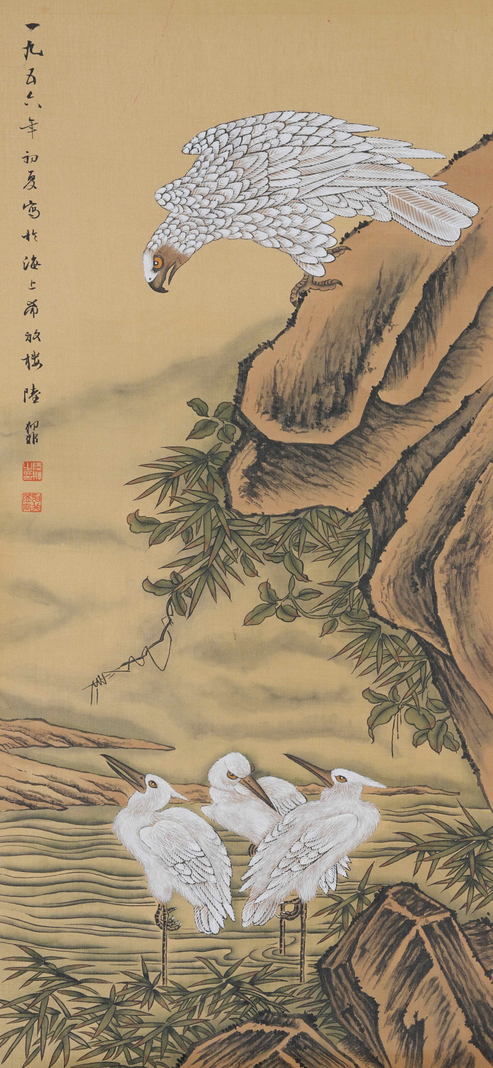 A EAGLE PAINTING ON SILK BY LU YIFEI.陸抑非: Eagle Painting on Silk by Lu Yifei.陸抑非