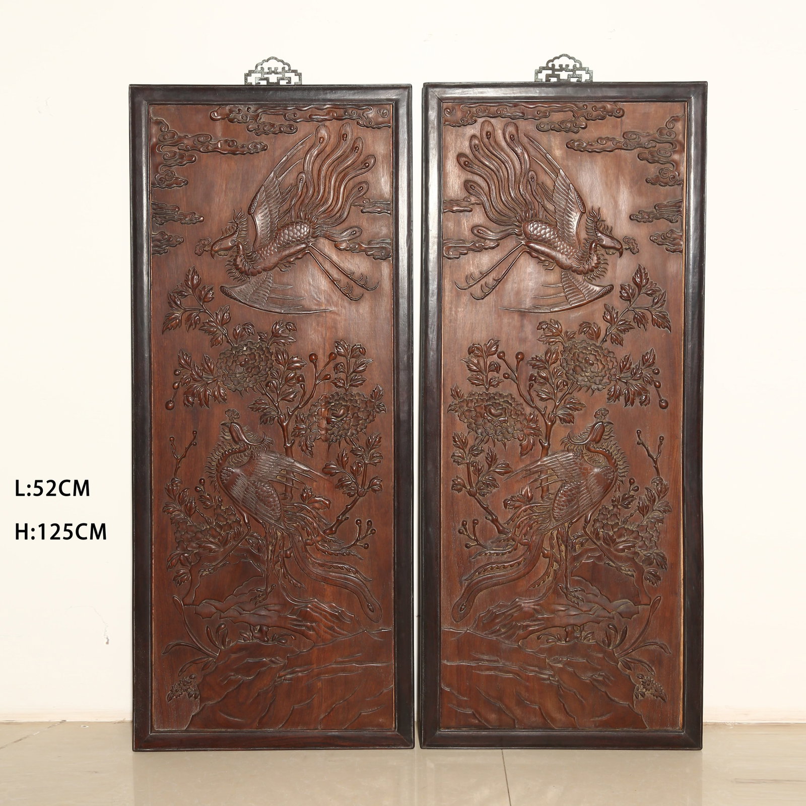 A SET OF ZITAN WALL SCREENS INLAID WITH HUANGHUALI FEATURING "PHOENIX BRINGING AUSPICIOUSNESS" (1 of 8)