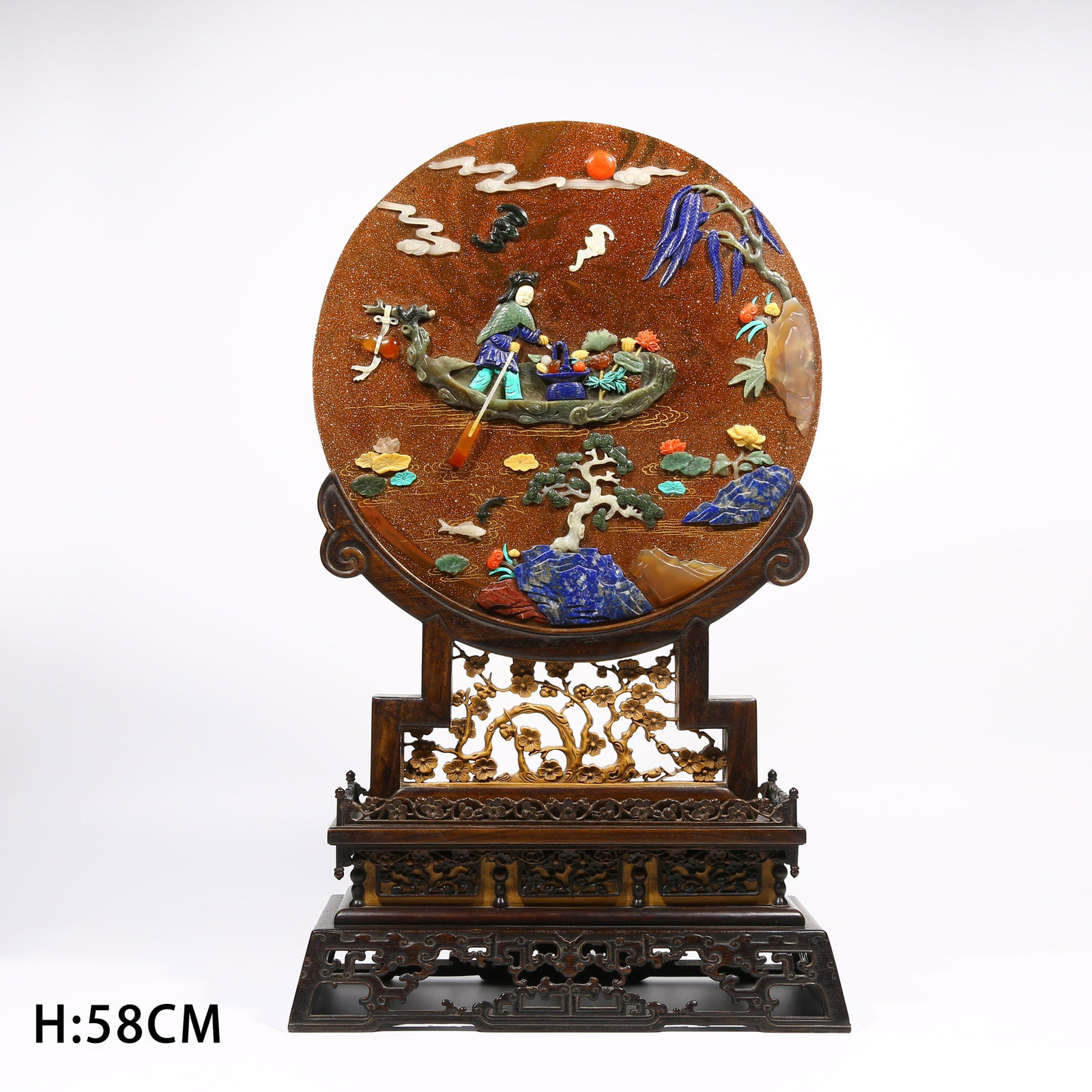 A ZITAN WOOD SCREEN INLAID WITH HARDSTONES DEPICTING IMMORTALS CROSSING THE SEA: Zitan Wood Screen Inlaid with Hardstones Depicting Immortals Crossing the Sea