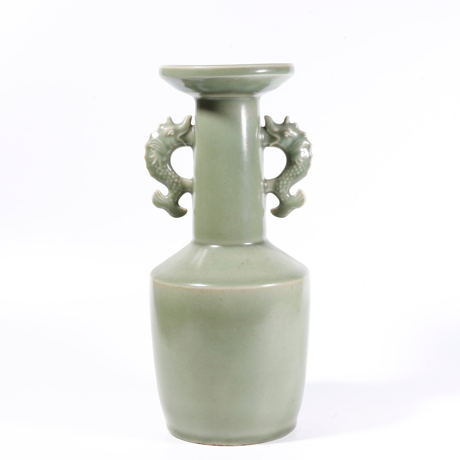 A DOUBLE-HANDLED DISH-MOUTHED VASE FROM LONGQUAN KILN: Double-Handled Dish-Mouthed Vase from Longquan Kiln