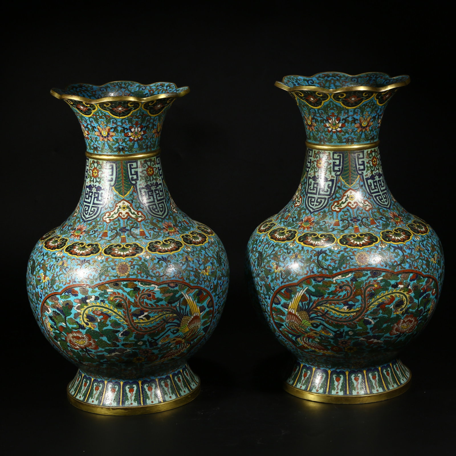 A SET OF POMEGRANATE VASES WITH PIERCED FLOWER AND PHOENIX PATTERN IN CLOISONN? ENAMEL ON A BRONZE: Set of Pomegranate Vases with Pierced Flower and Phoenix Pattern in Cloisonn?? Enamel on a Bronze Body