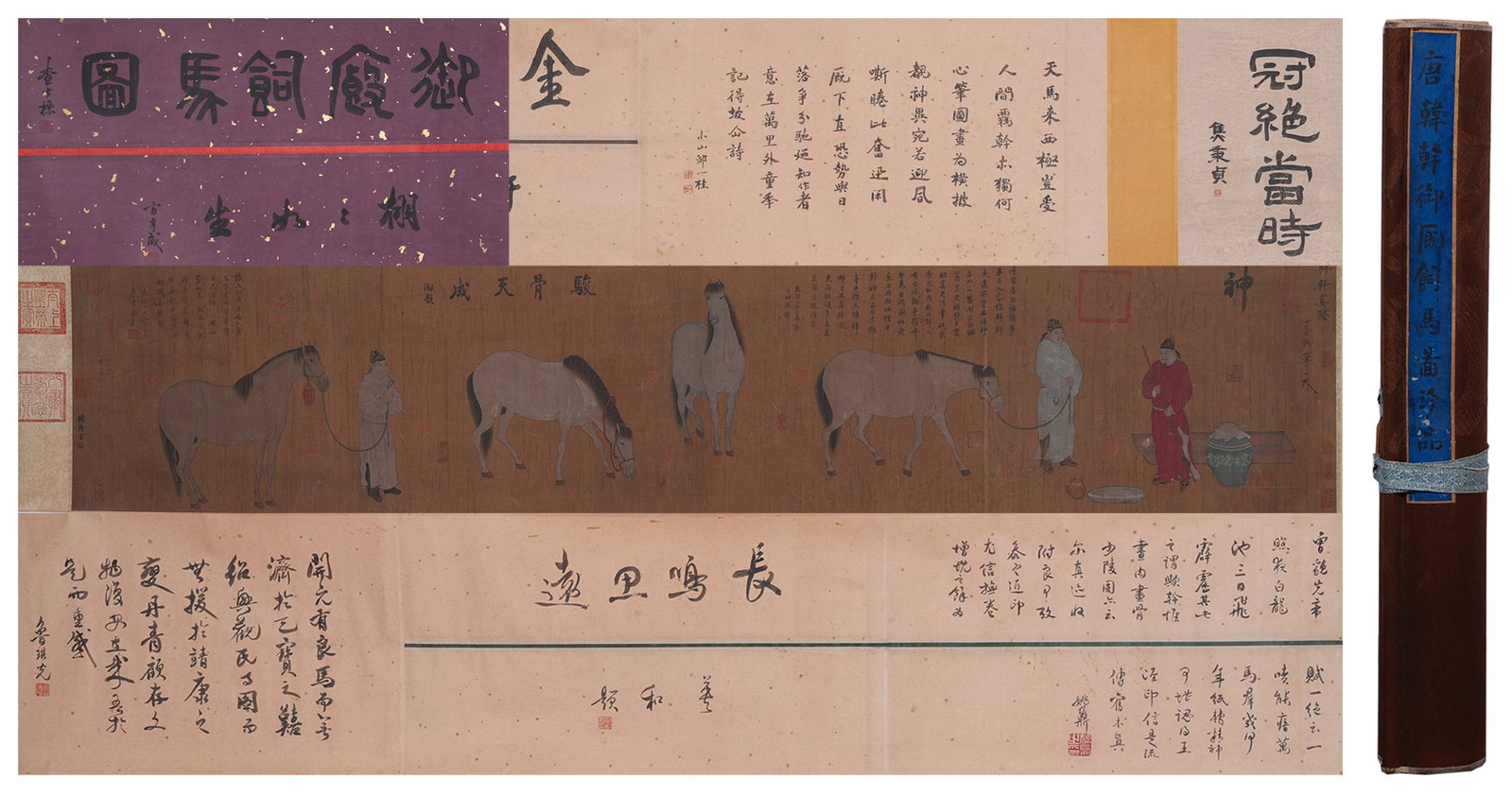 A HAND SCROLL OF HORSES IN THE IMPERIAL STABLE ON SILK BY HAN GAN.韓幹: Hand Scroll of Horses in the Imperial Stable on Silk by Han Gan.韓幹