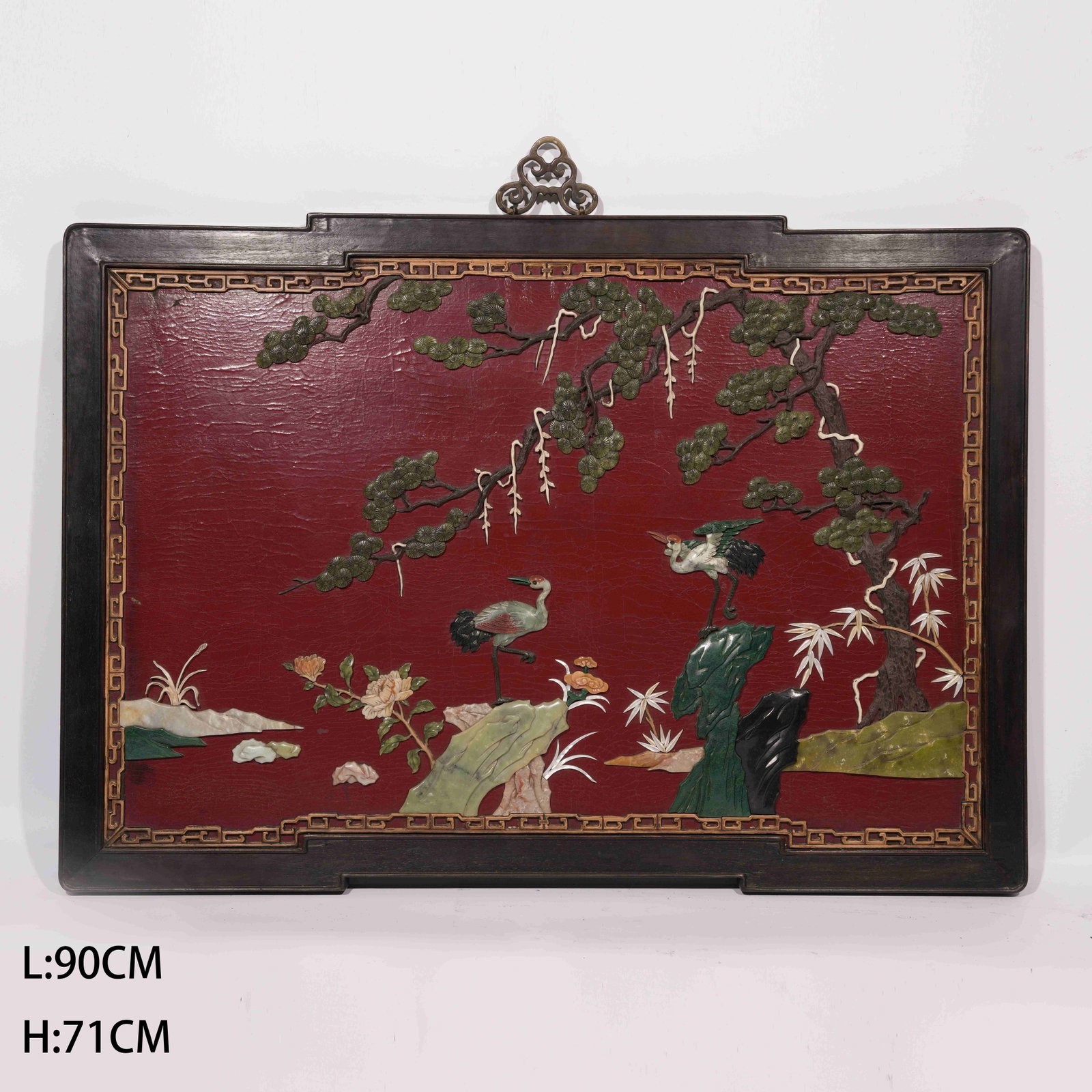 A ZITAN "HUNDRED TREASURES" INLAID HANGING PANEL WITH PINE AND CRANE LONGEVITY MOTIF (1 of 7)