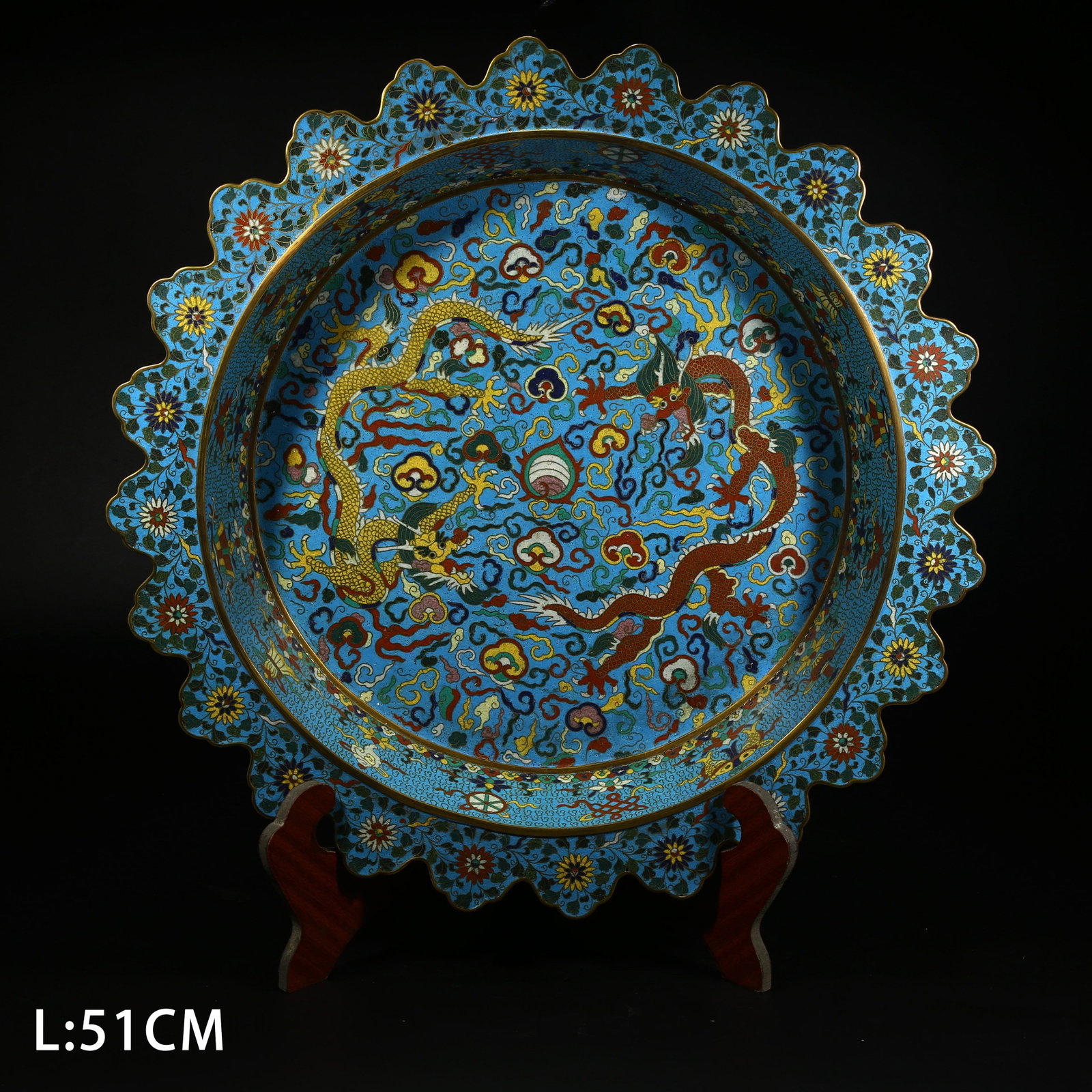 A LARGE FOLDED-RIM DISH WITH DOUBLE DRAGON PLAYING WITH PEARL PATTERN IN CLOISONN? ENAMEL ON A (1 of 8)