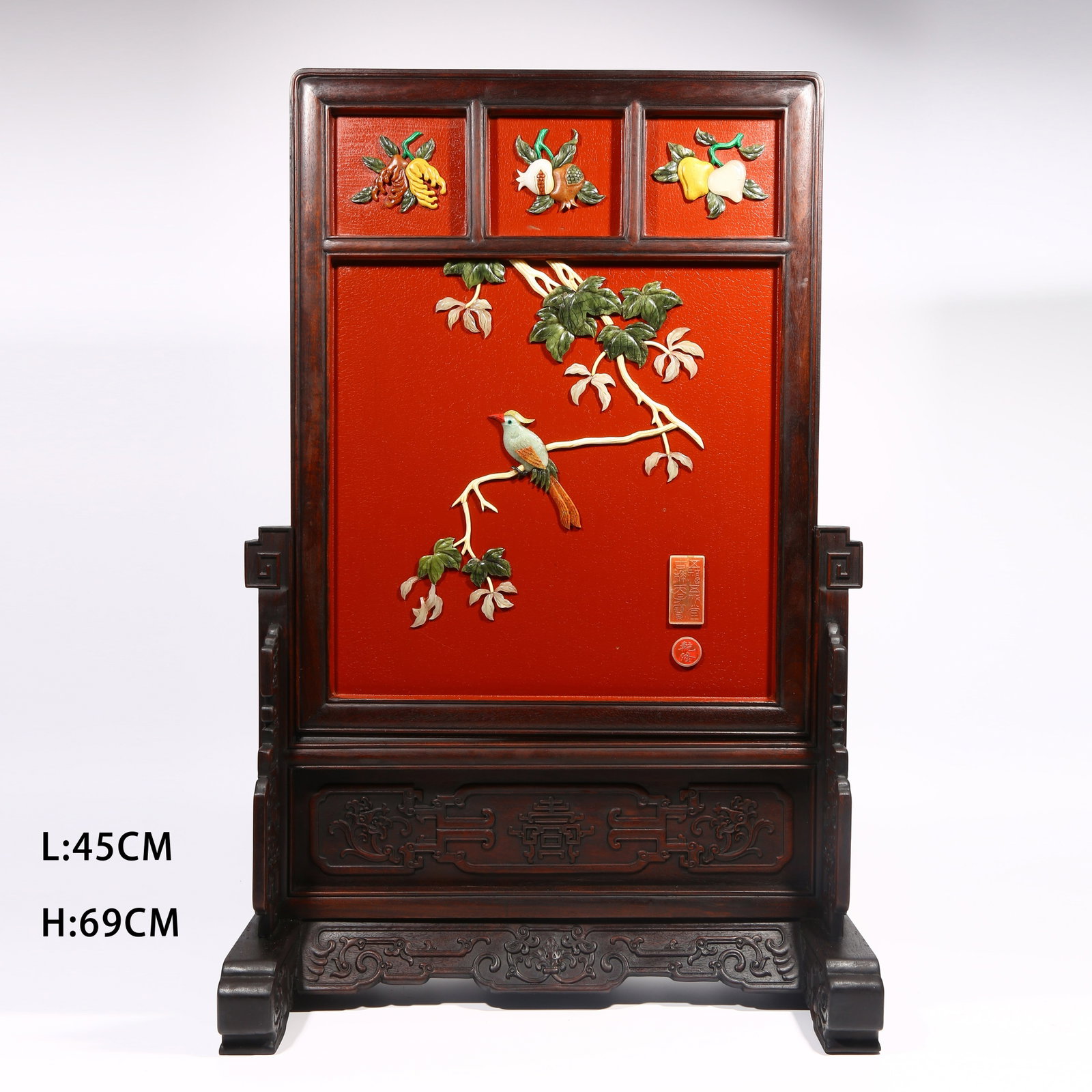 A ZITAN LACQUER SCREEN INLAID WITH HARDSTONES IN FLOWER-AND-BIRD DESIGN (1 of 8)