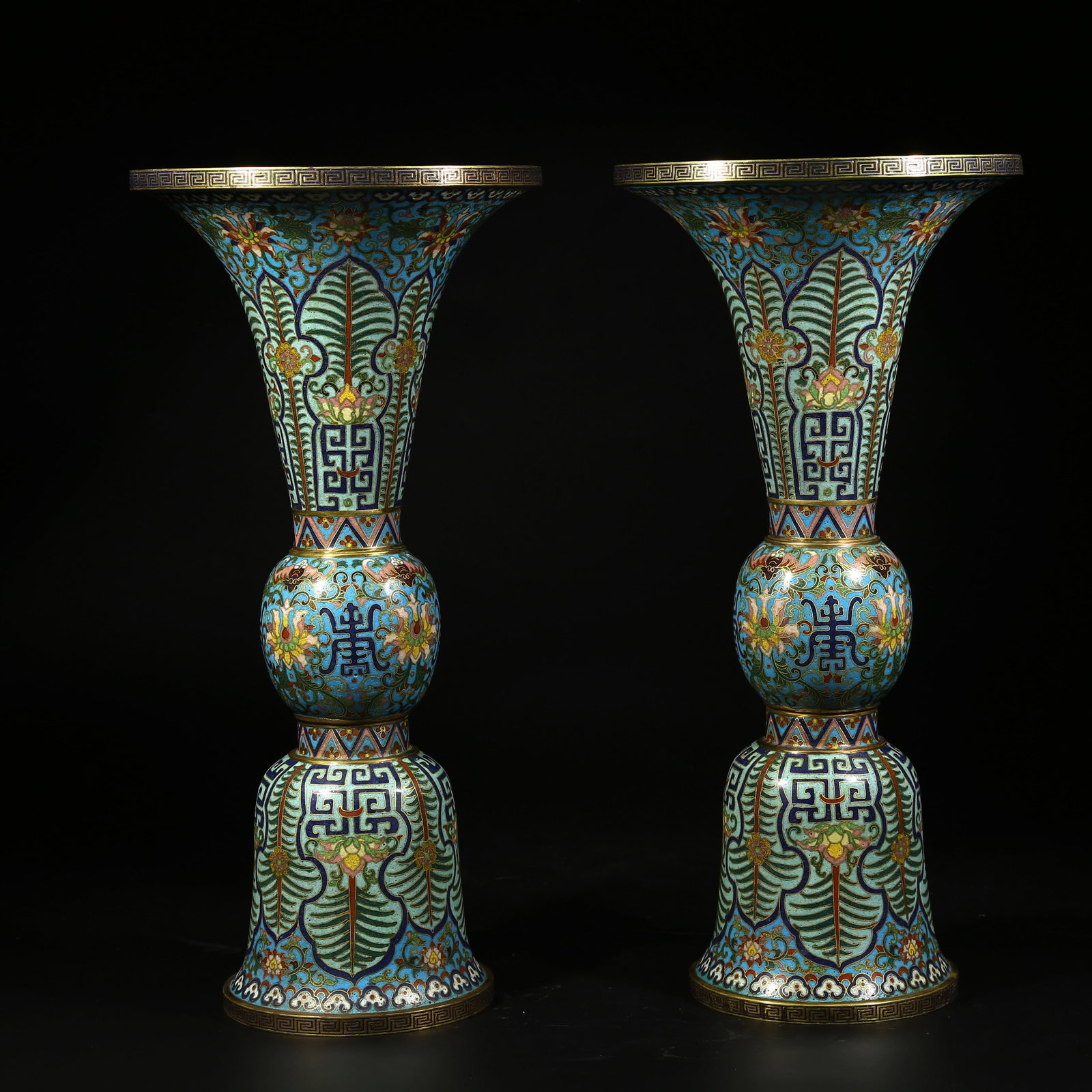 A SET OF HU-FORM VASES WITH BANANA LEAF PATTERN IN CLOISONN? ENAMEL ON A BRONZE BODY: Set of Hu-Form Vases with Banana Leaf Pattern in Cloisonn?? Enamel on a Bronze Body
