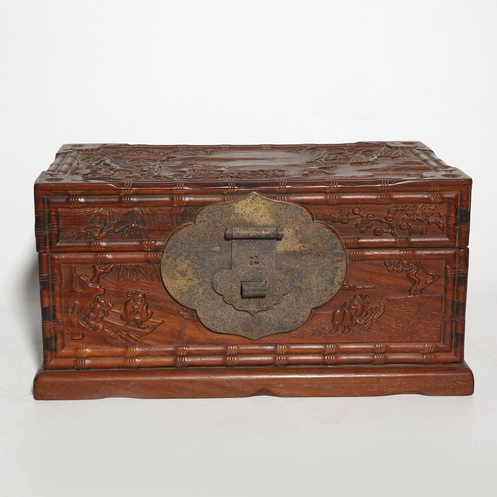 A HUANGHUALI SMALL BOX WITH FIGURE STORY MOTIFS: Huanghuali Small Box with Figure Story Motifs