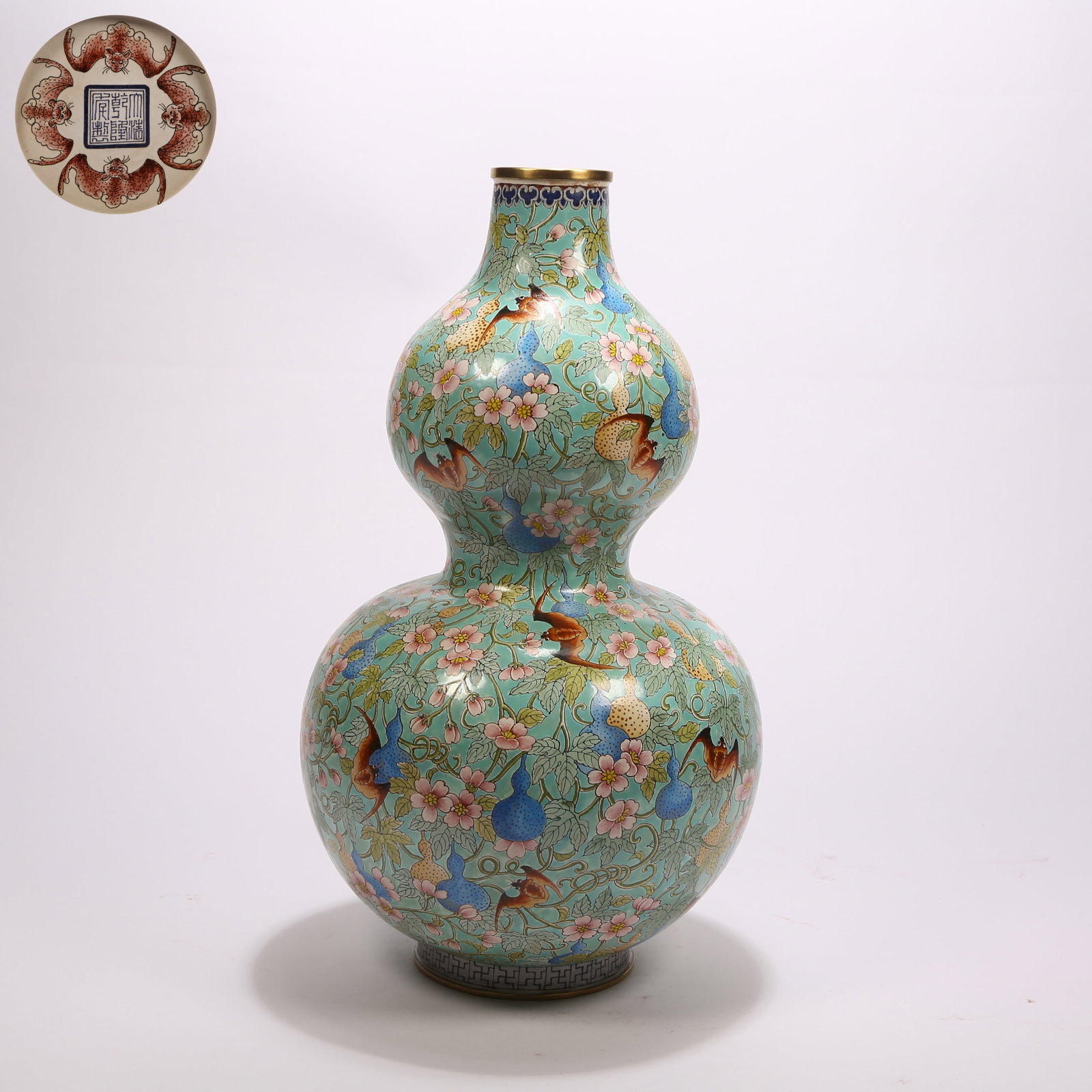 A BRONZE CLOISONNE GOURD-SHAPED VASE WITH "FORTUNE, PROSPERITY, AND ETERNITY" MOTIF (1 of 9)