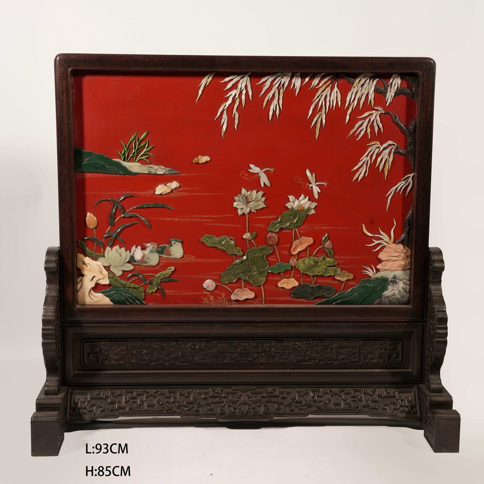 A HUANGHUALI "HUNDRED TREASURES" INLAID SCREEN PANEL WITH MANDARIN DUCKS IN A LOTUS POND MOTIF (1 of 10)
