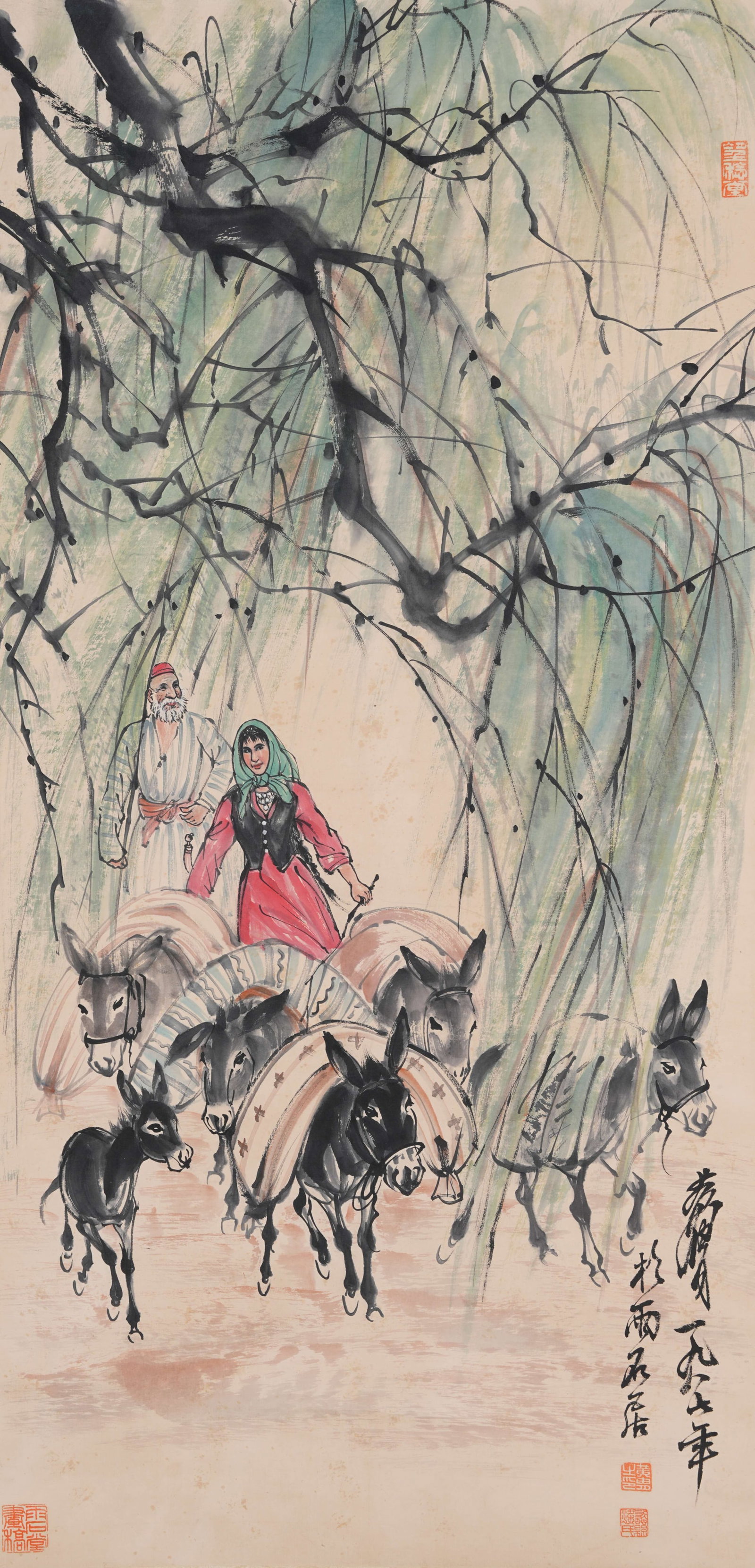 A FIGURE PAINTING ON PAPER BY HUANG ZHOU.黃胄: Figure Painting on Paper by Huang Zhou.黃胄