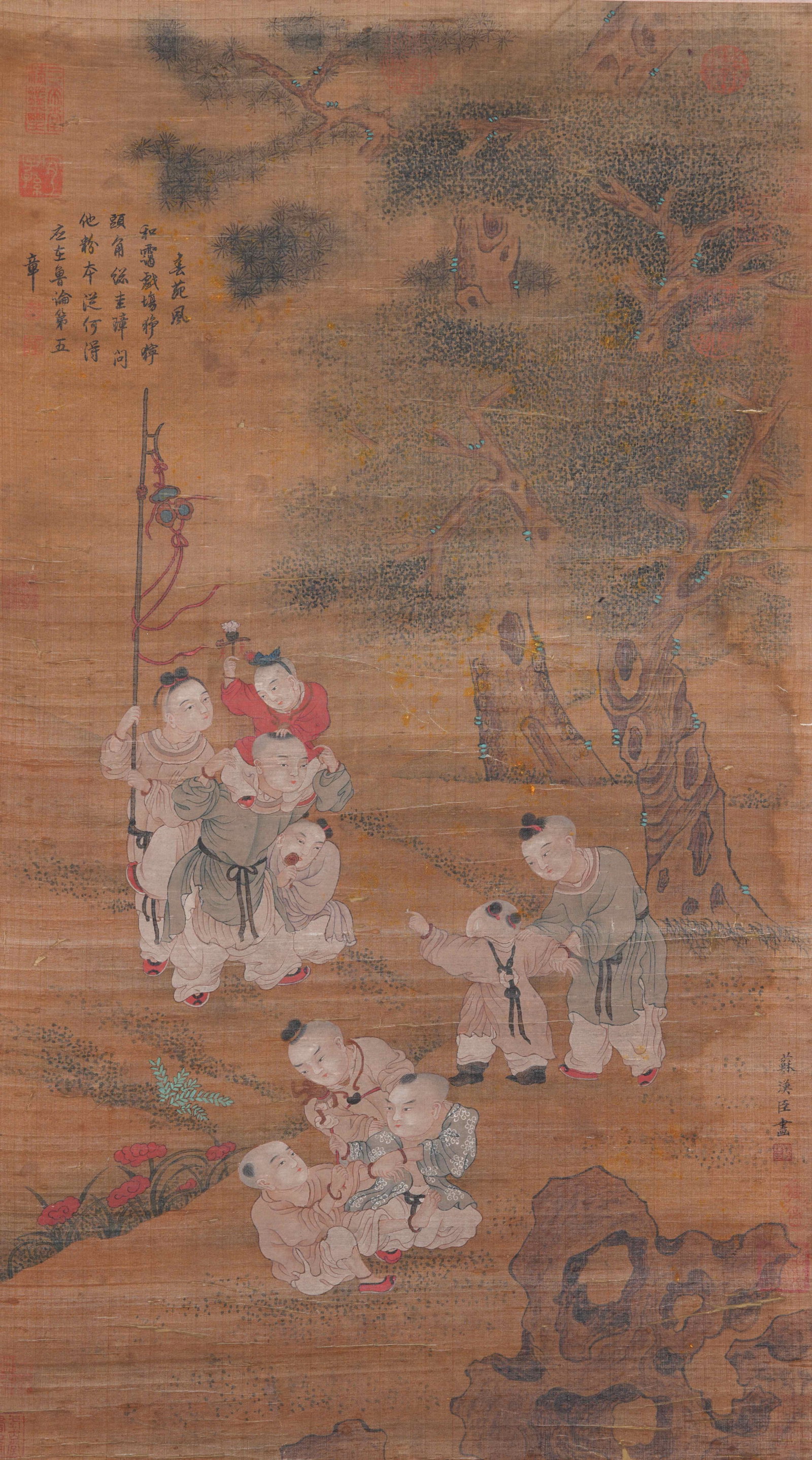 A CHILDREN PLAYING PAINTING ON SILK BY SU HANCHEN.蘇漢臣: Children Playing Painting on Silk by Su Hanchen.蘇漢臣