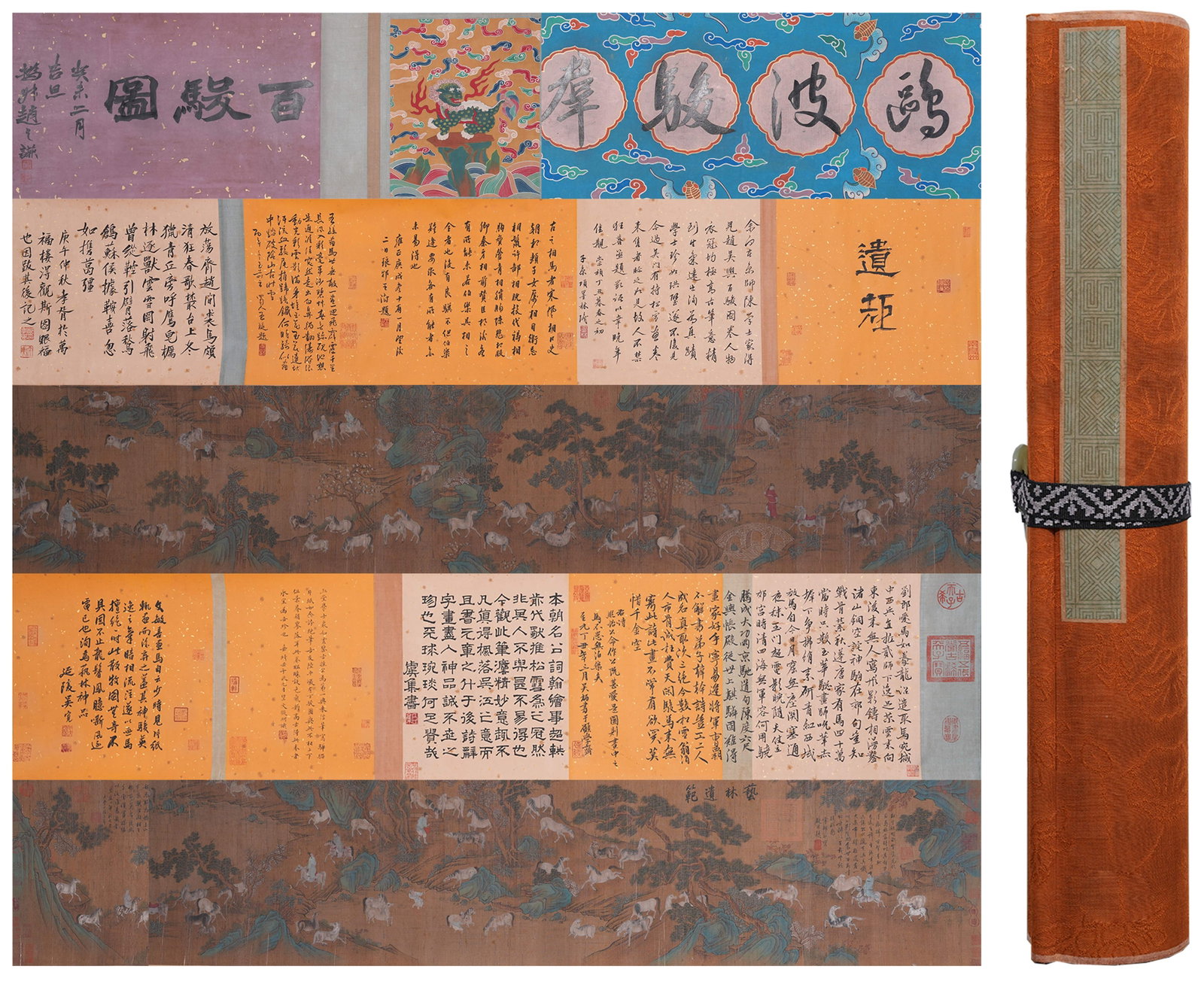 A HAND SCROLL OF ONE HUNDRED HORSES ON SILK BY ZHAO MENGFU.趙孟頫: Hand Scroll of One Hundred Horses on Silk by Zhao Mengfu.趙孟頫