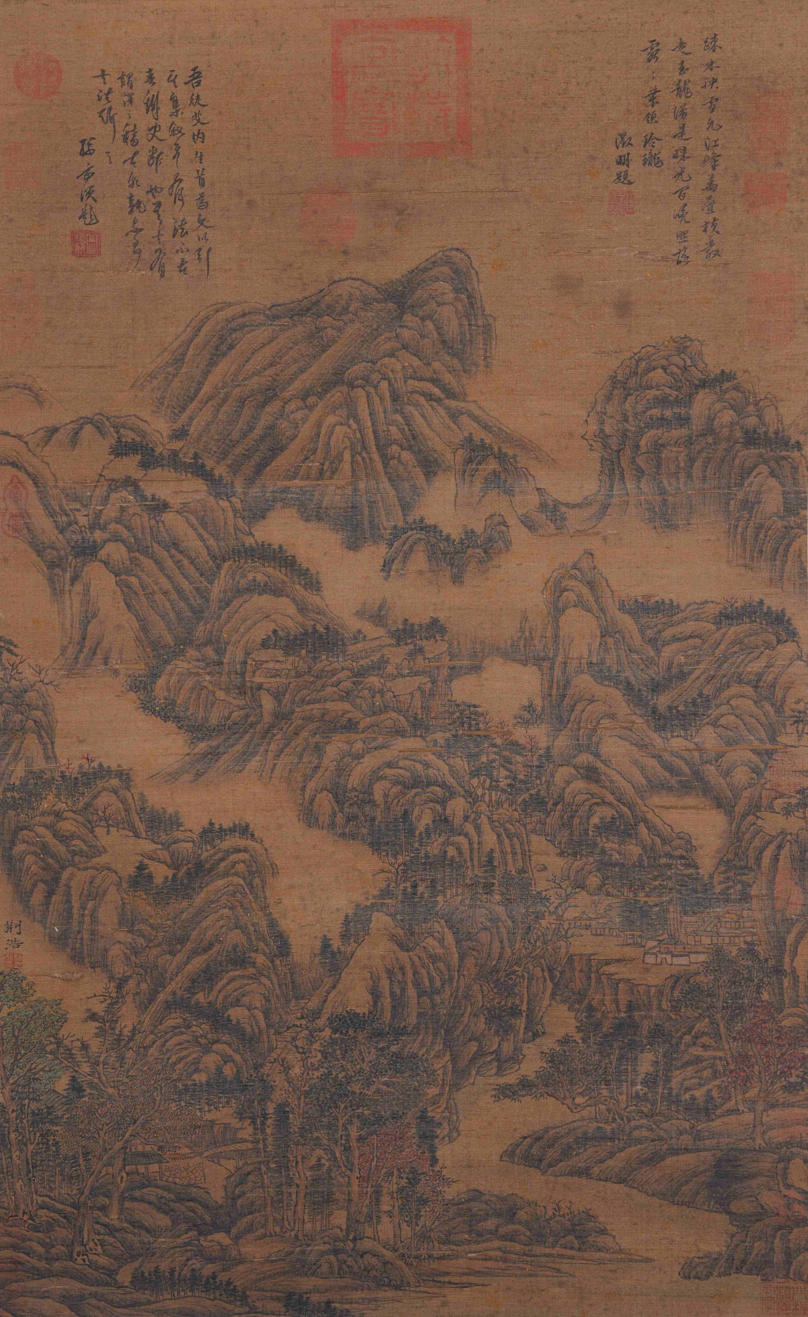 A LANDSCAPE PAINTING ON SILK BY JING HAO.荊浩: Landscape Painting on Silk by Jing Hao.荊浩