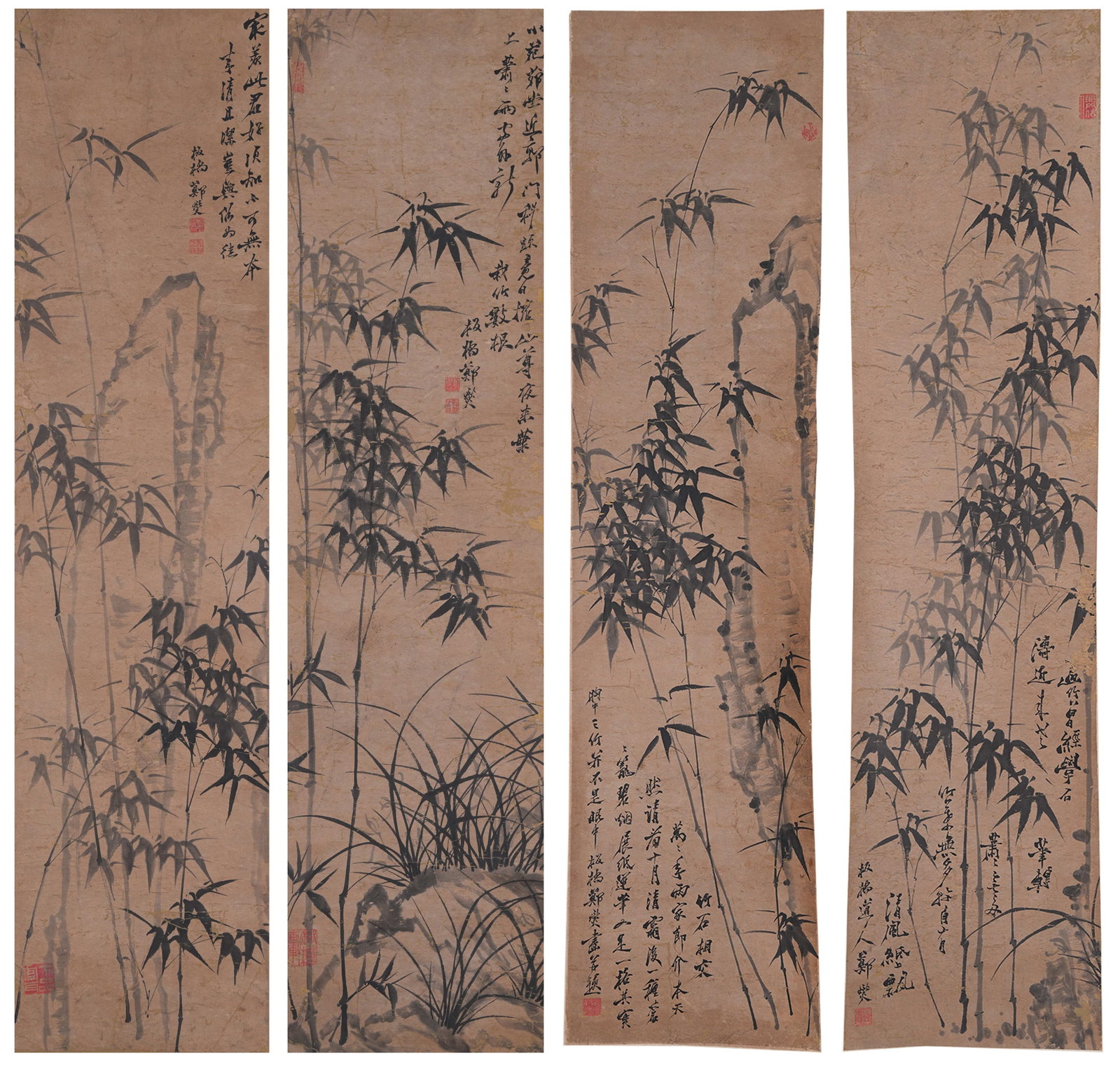 A BAMBOO AND ROCK PAINTINGS ON PAPER BY ZHENG BANQIAO (4 PIECES).鄭板橋: Bamboo and Rock Paintings on Paper by Zheng Banqiao (4 pieces).鄭板橋