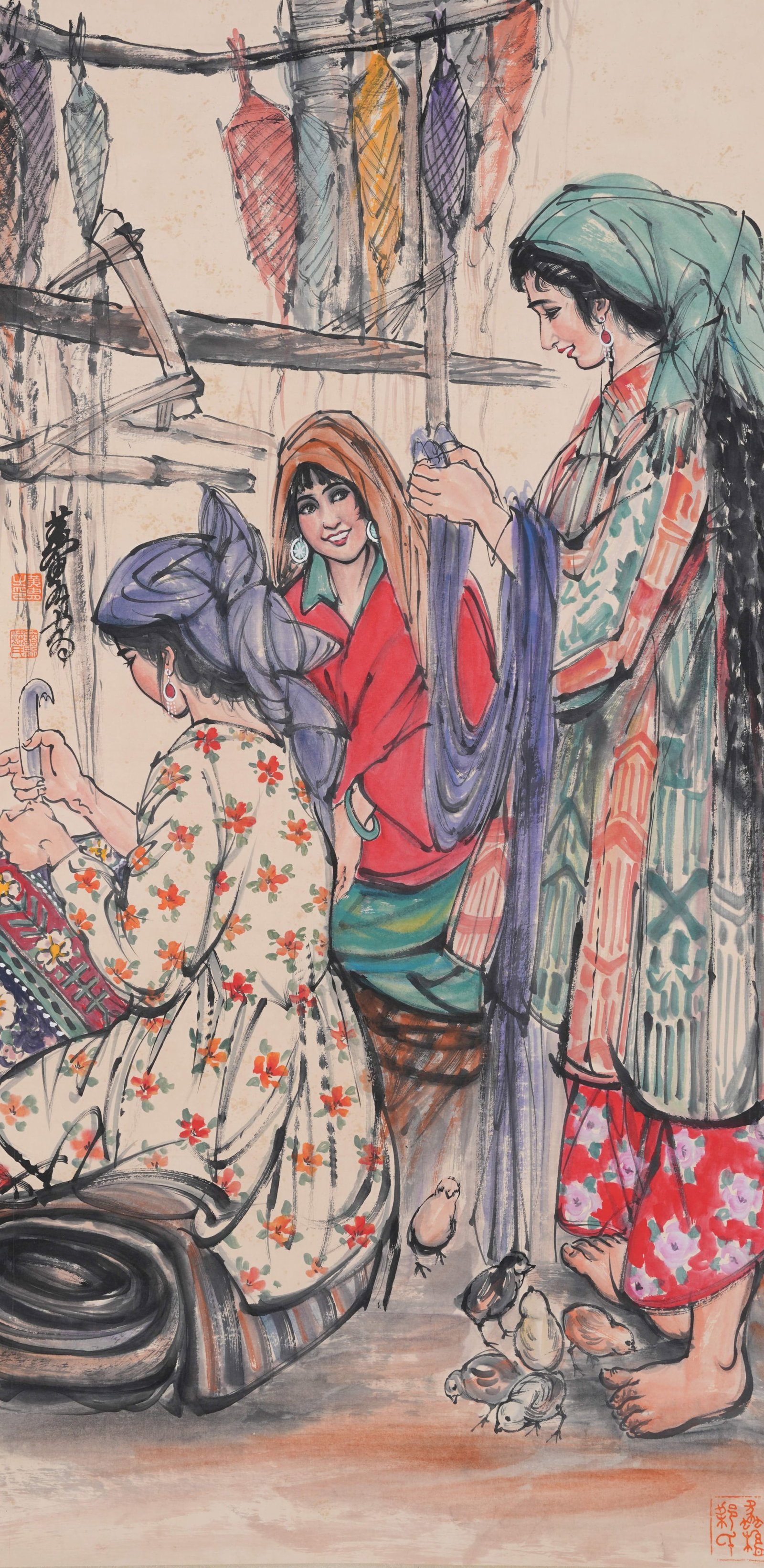 A FIGURE PAINTING ON PAPER BY HUANG ZHOU.黃胄: Figure Painting on Paper by Huang Zhou.黃胄