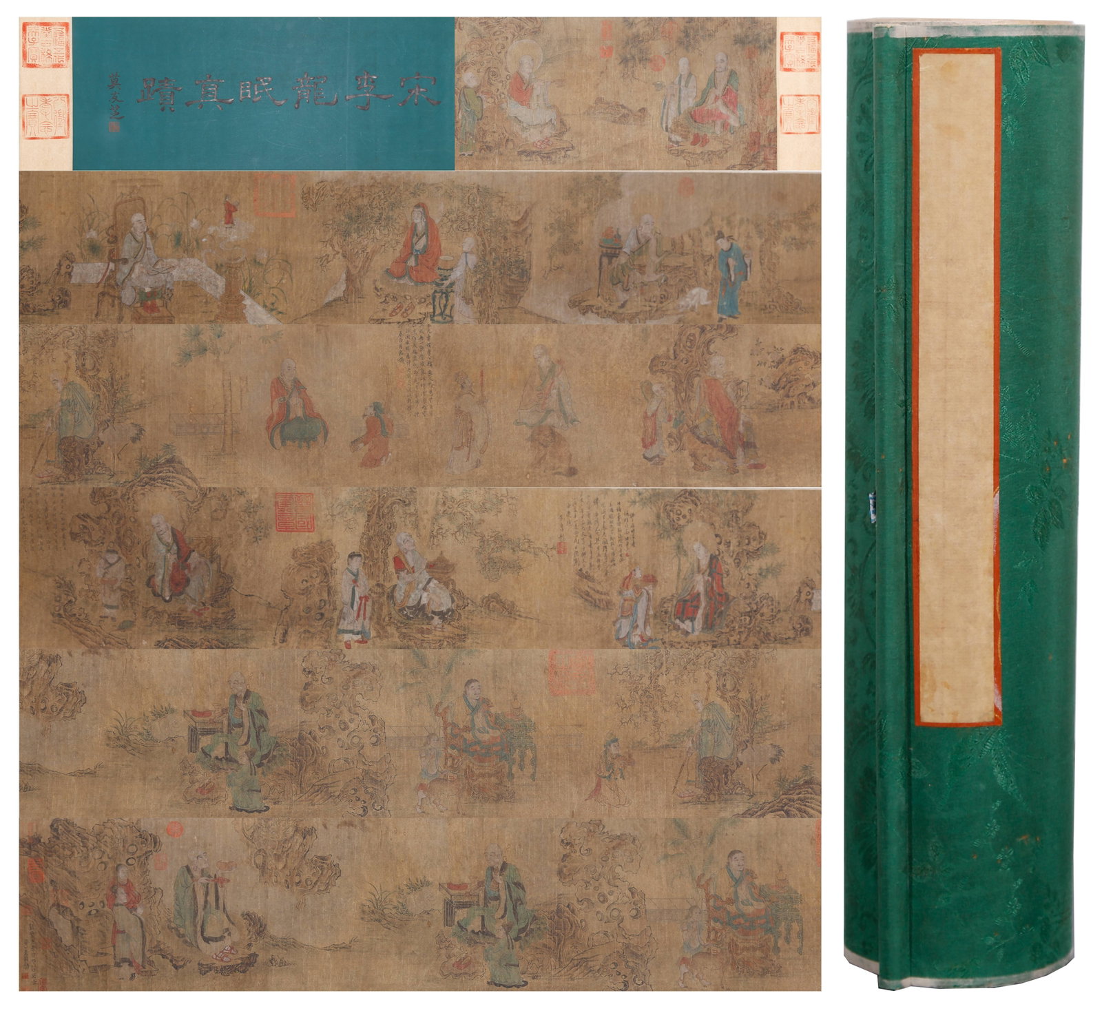 A HAND SCROLL OF ARHATS ON SILK BY LI GONGLIN.李公麟: Hand Scroll of Arhats on Silk by Li Gonglin.李公麟