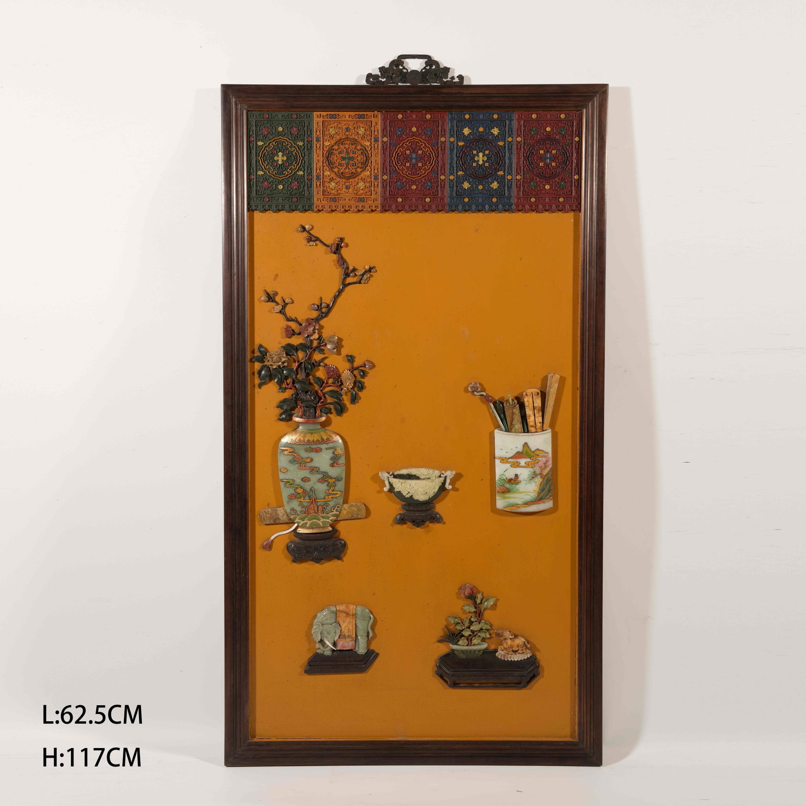 A HUANGHUALI "HUNDRED TREASURES" INLAID HANGING PANEL WITH SCHOLAR'S OBJECTS MOTIF (1 of 7)