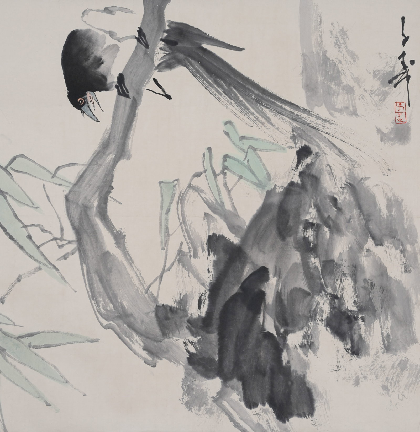 A BAMBOO AND BIRD PAINTING ON PAPER BY WANG ZIWU.王子武: Bamboo and Bird Painting on Paper by Wang Ziwu.王子武