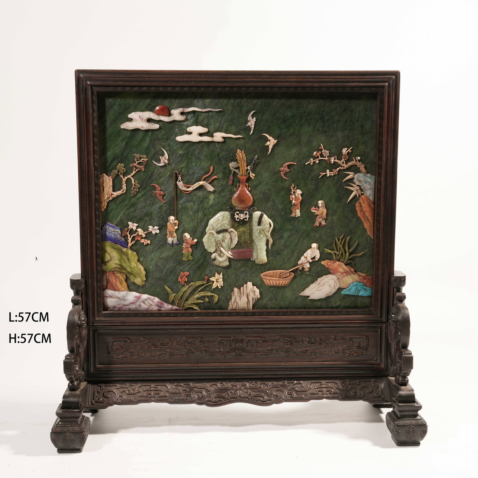 A ZITAN SCREEN PANEL INLAID WITH SPINACH GREEN JADE AND "HUNDRED TREASURES", DECORATED WITH BOYS (1 of 8)