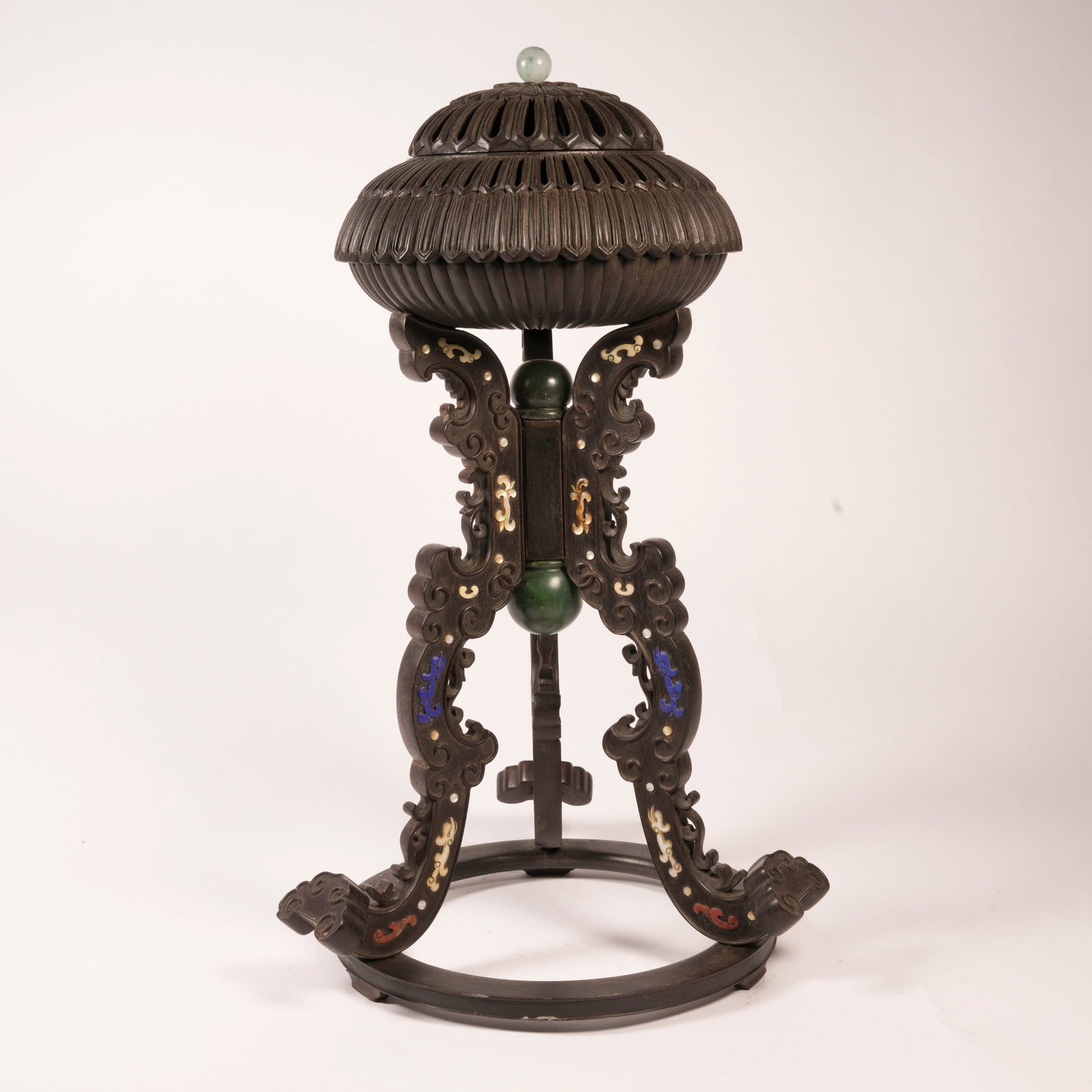 A ZITAN "HUNDRED TREASURES" INLAID INCENSE BURNER: Zitan "Hundred Treasures" Inlaid Incense Burner