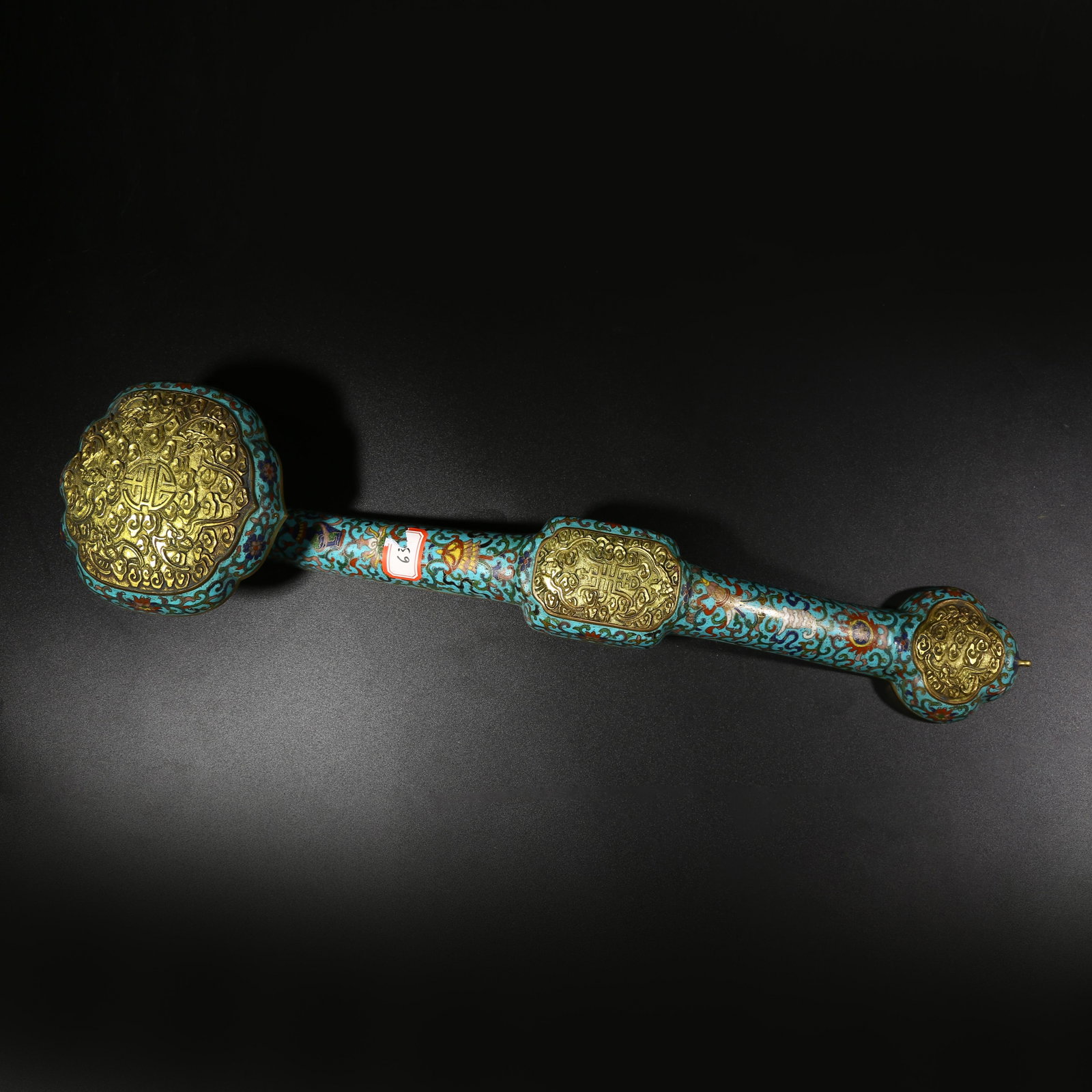 A RUYI SCEPTER WITH FIVE BATS PRESENTING LONGEVITY PATTERN IN CLOISONN? ENAMEL ON A BRONZE BODY (1 of 6)